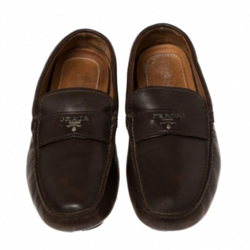 Prada Brown Leder Slip On Loafers Größe 41.5 Herren im Angebot