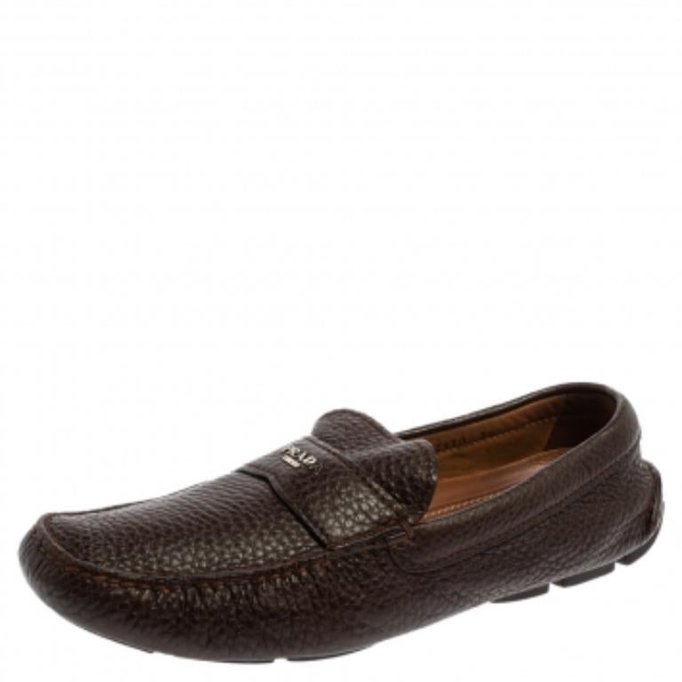 Men's Prada Brown Leather Slip On Loafers Size 41.5 For Sale