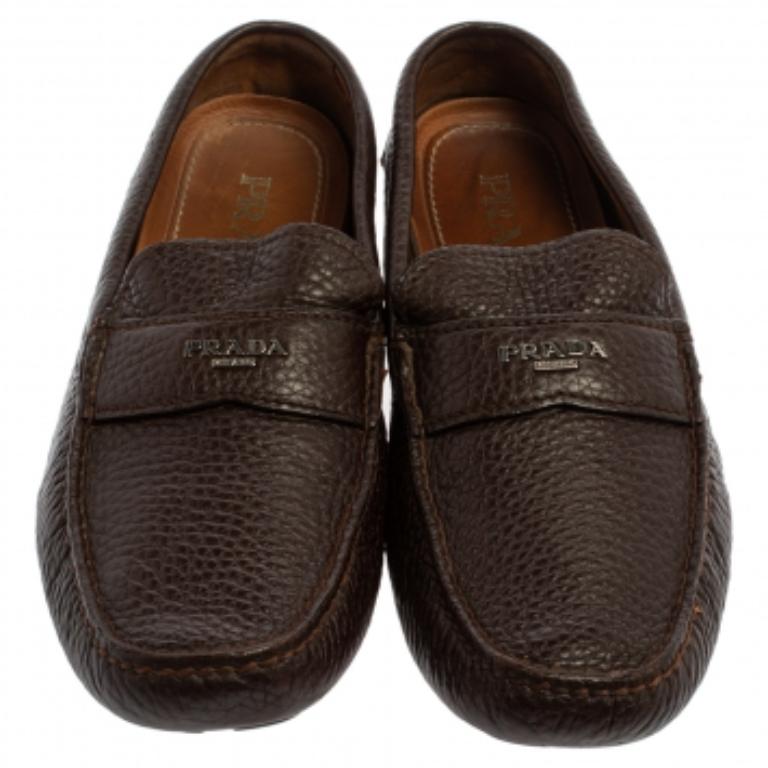 Prada Brown Leather Slip On Loafers Size 41.5 For Sale 1