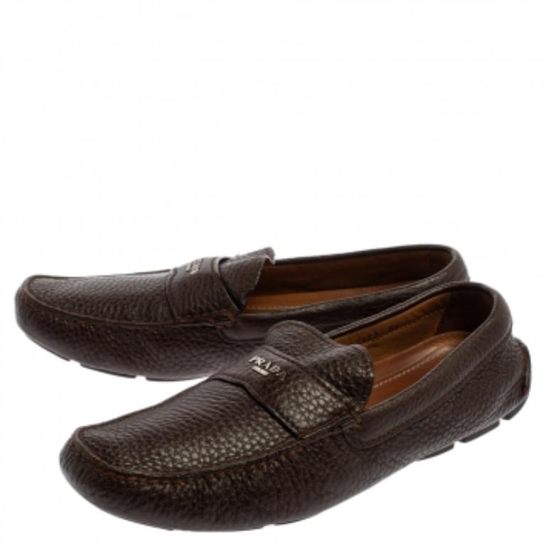 Prada Brown Leather Slip On Loafers Size 41.5 For Sale 2