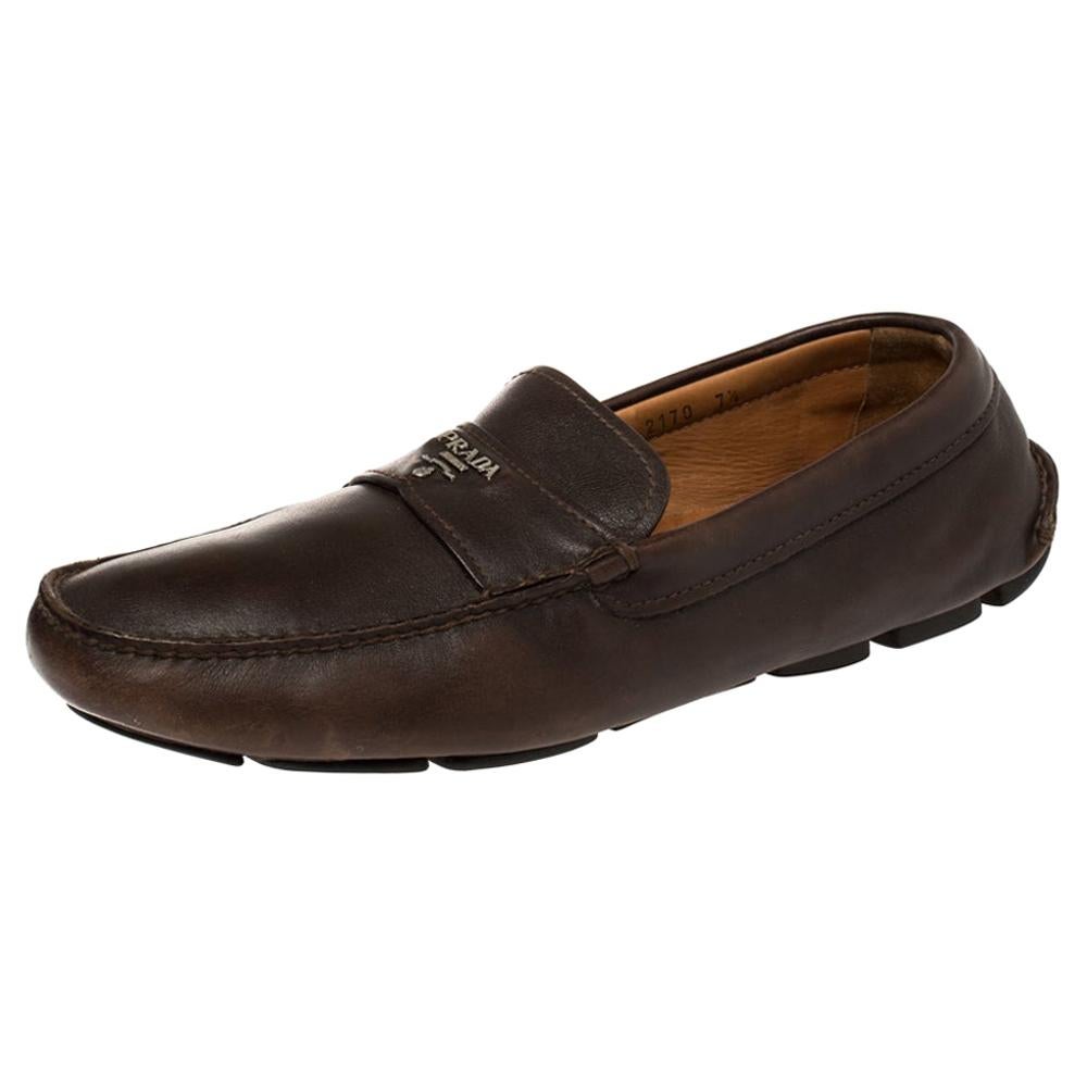 Prada Brown Leather Slip On Loafers Size 41.5 For Sale