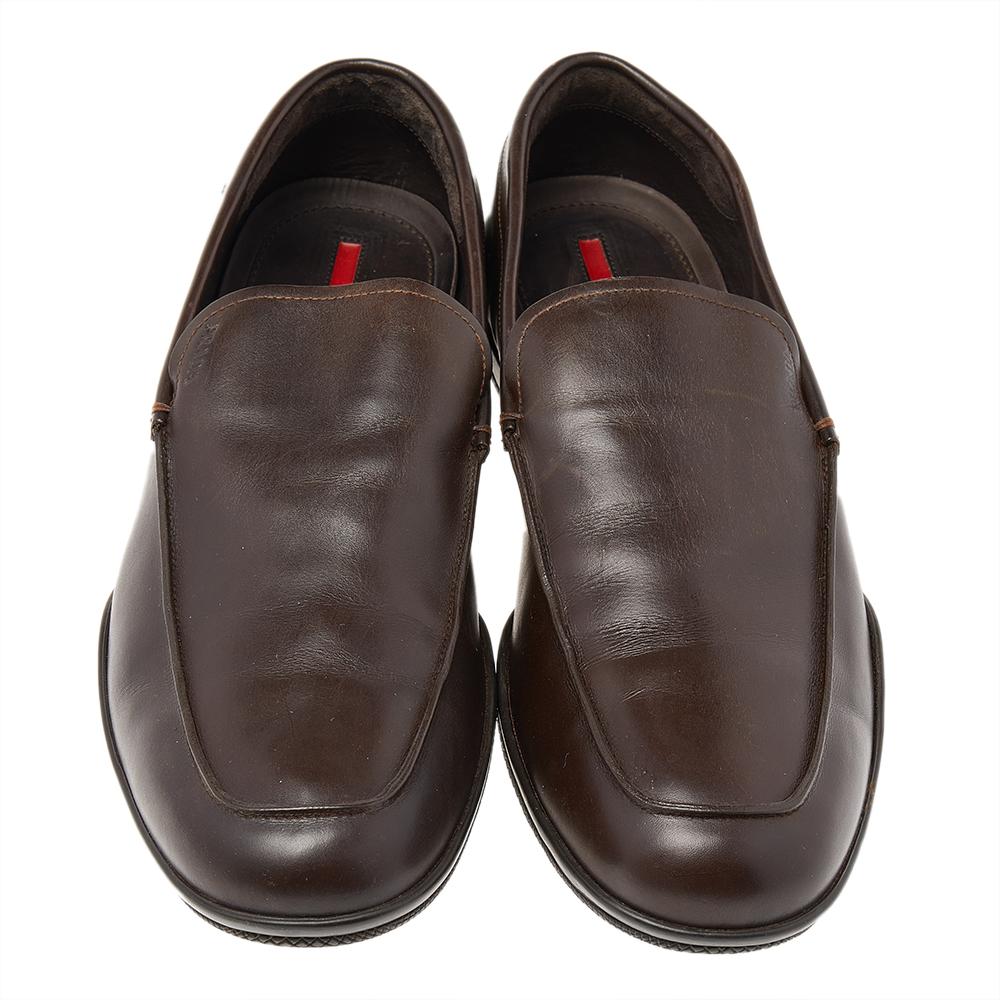 Men's Prada Brown Leather Slip On Loafers Size 43.5 For Sale