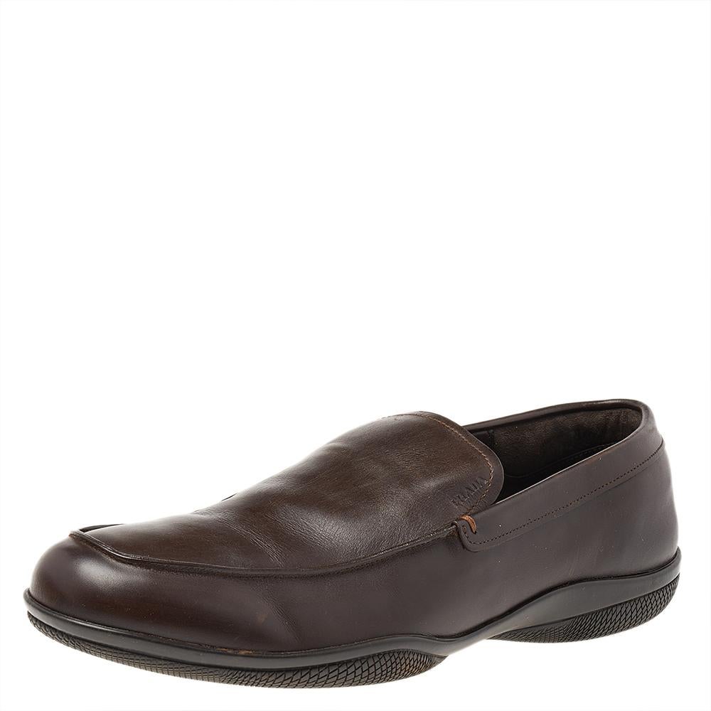Prada Brown Leather Slip On Loafers Size 43.5 For Sale 2