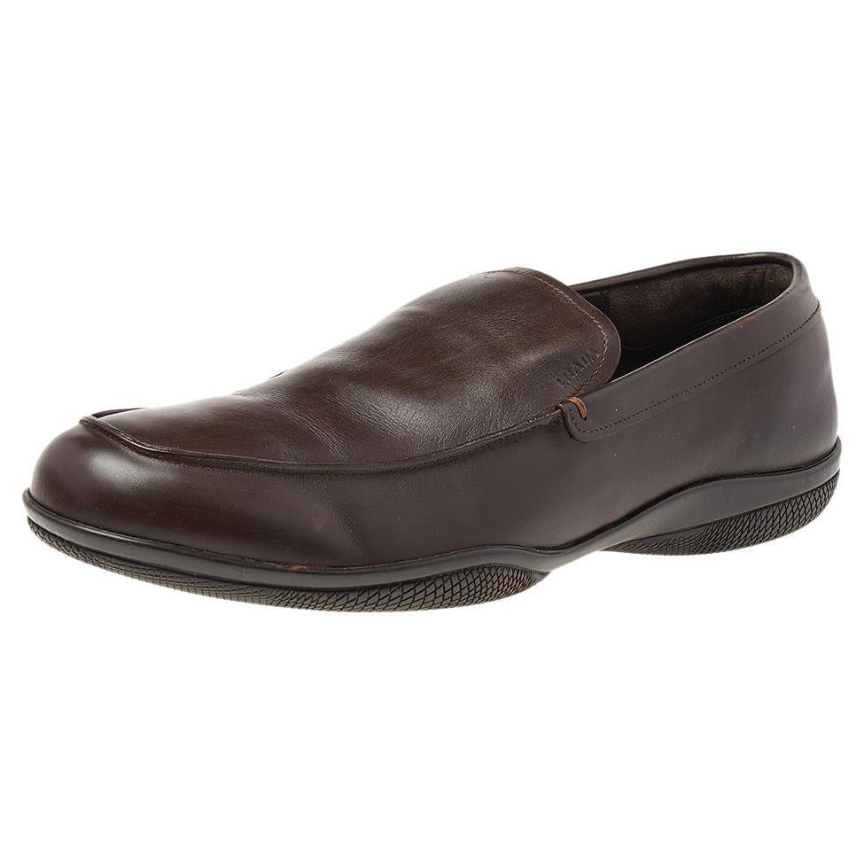 Prada Brown Leather Slip On Loafers Size 43.5 For Sale