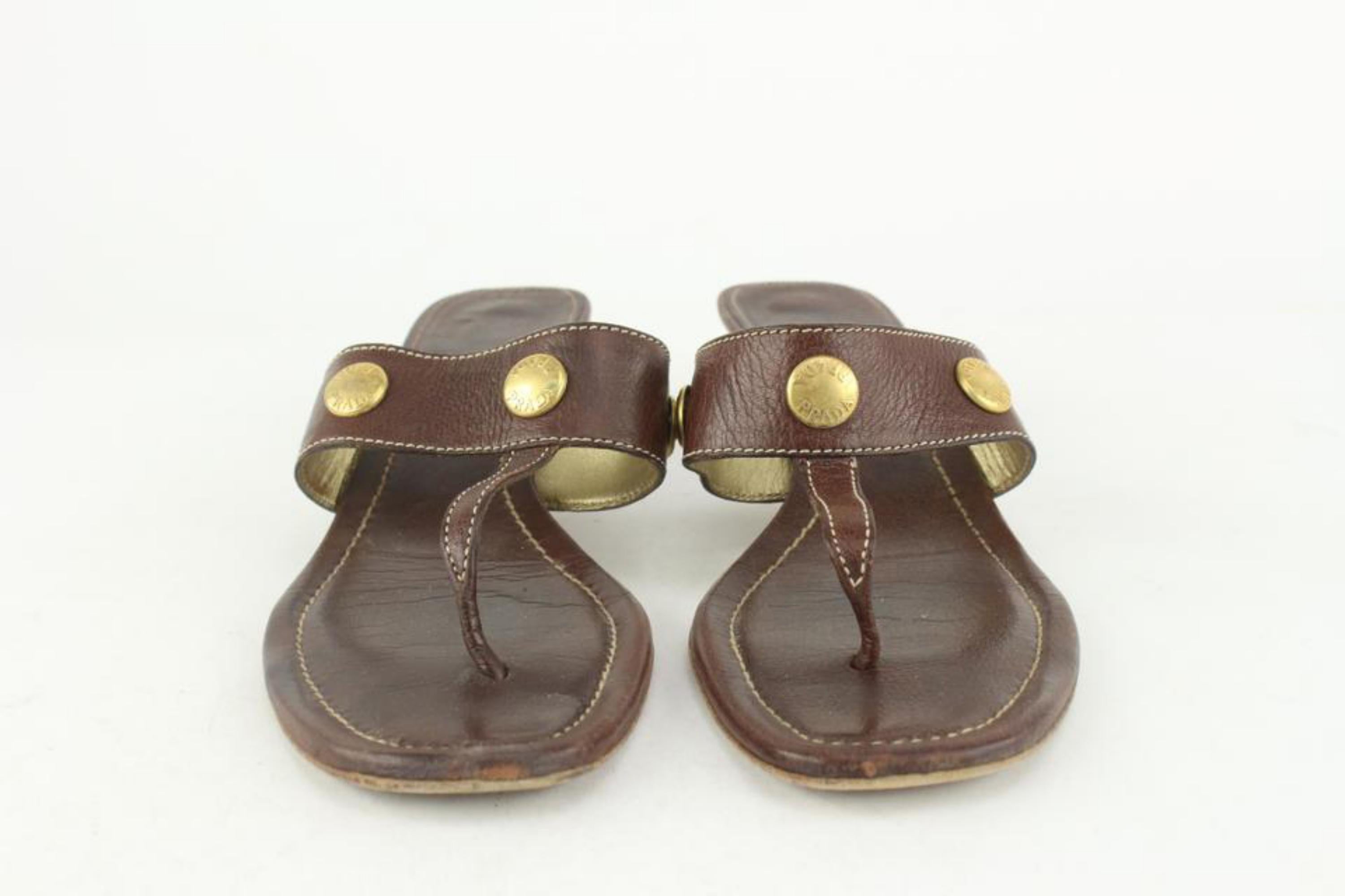 Prada Brown Leather Studded Gladiator Tong Sandal Thong Kitten Mules 1117p1 For Sale 2