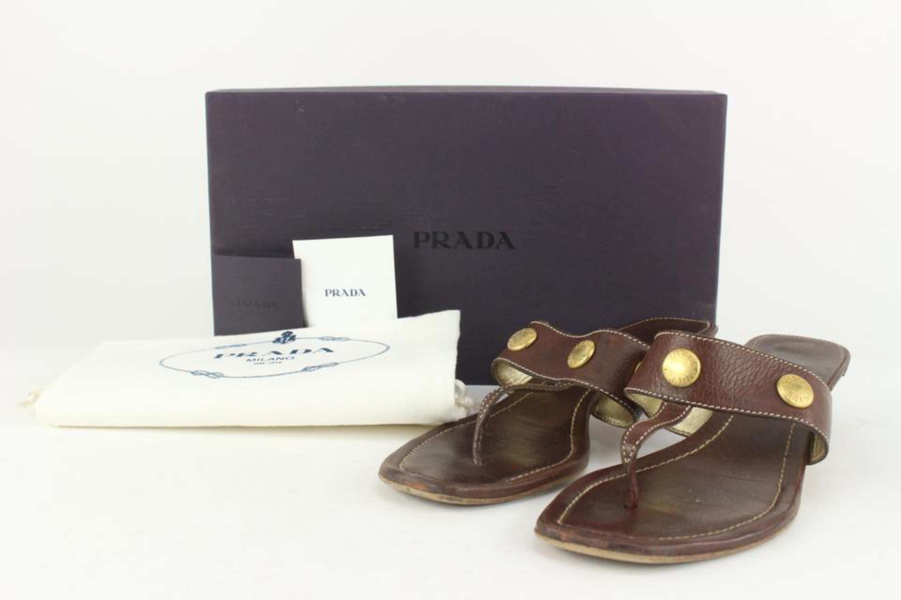 Prada Brown Leather Studded Gladiator Tong Sandal Thong Kitten Mules 1117p1 For Sale 4