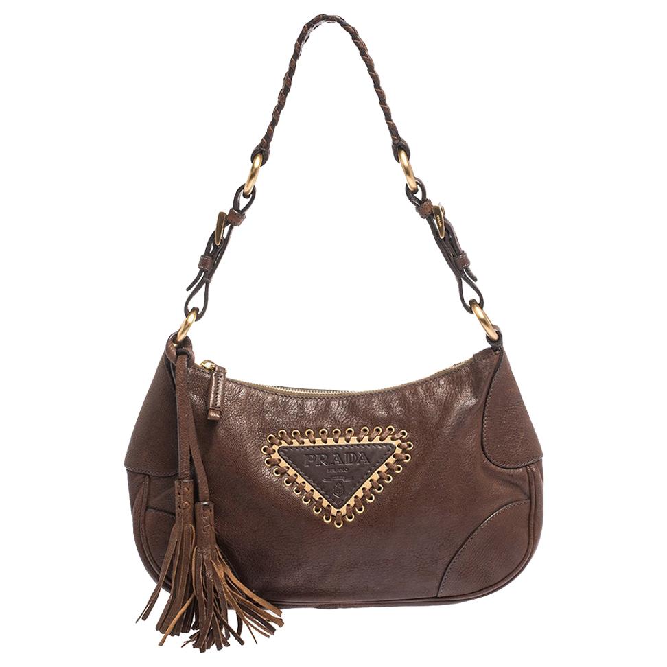 Prada Brown Leather Tassel Shoulder Bag