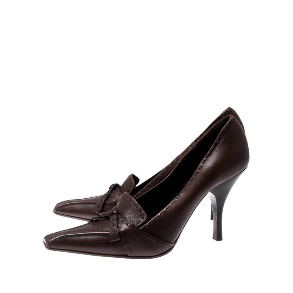 Prada Brown Leather Top Stitch Pointed Toe Pumps Size 36.5 In Fair Condition In Dubai, Al Qouz 2