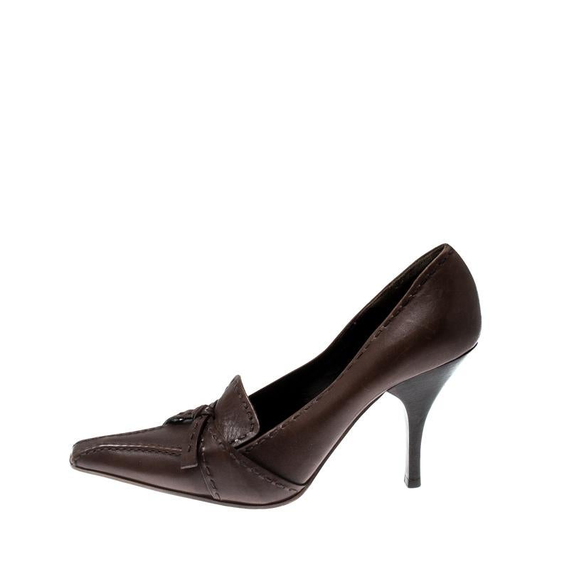 Women's Prada Brown Leather Top Stitch Pointed Toe Pumps Size 36.5 For Sale