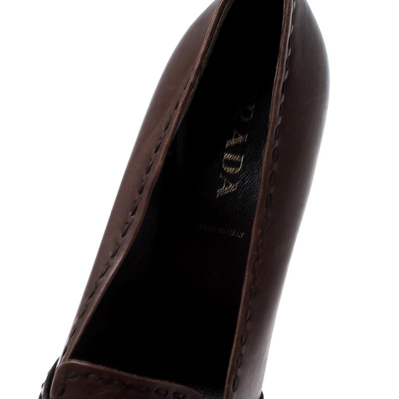 Prada Brown Leather Top Stitch Pointed Toe Pumps Size 36.5 For Sale 1
