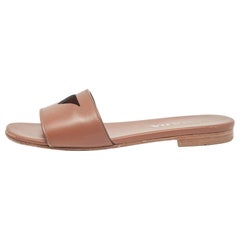 Prada Brown Leather Triangle Cutout Flat Slides Size 35.5
