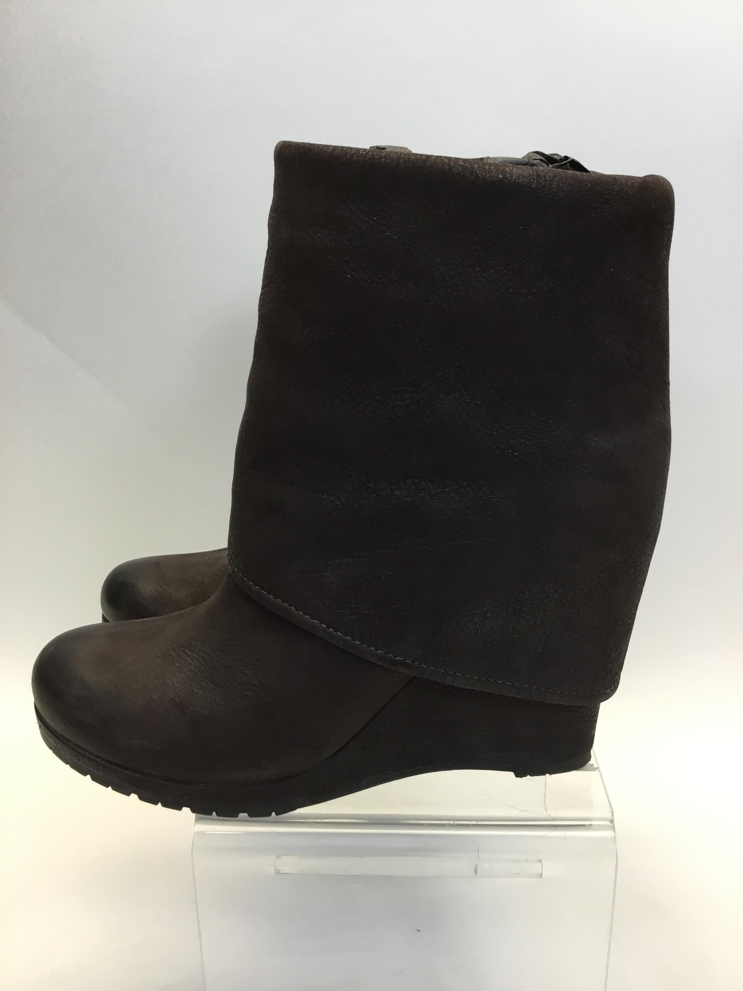 Black Prada Brown Leather Wedge Bootie For Sale