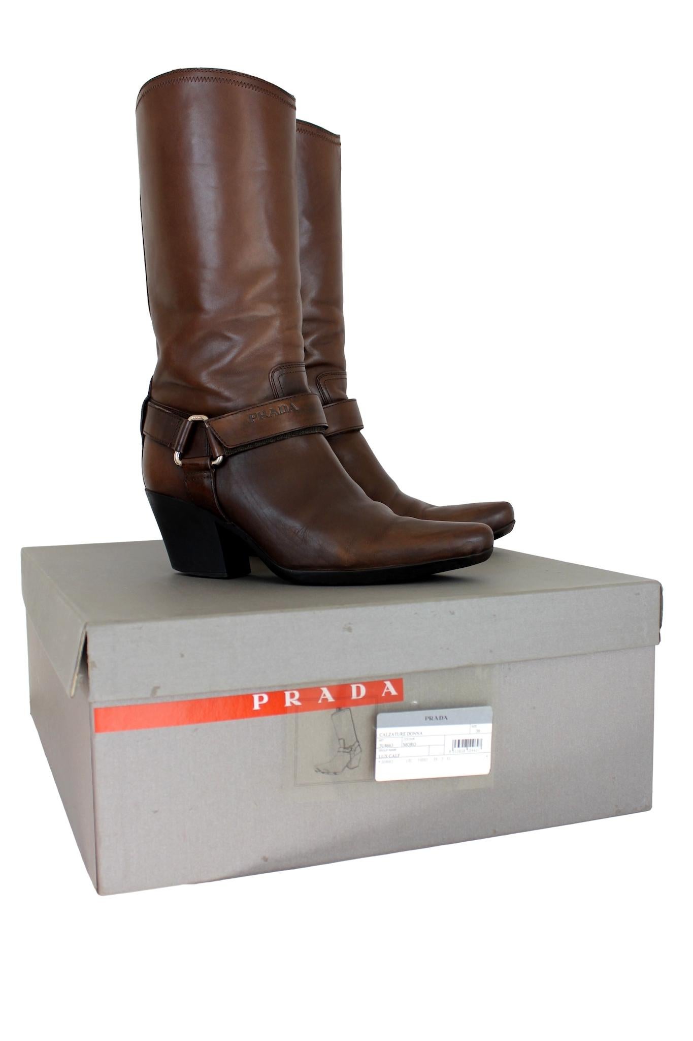 Prada Brown Leather Western Women Boots For Sale at 1stDibs