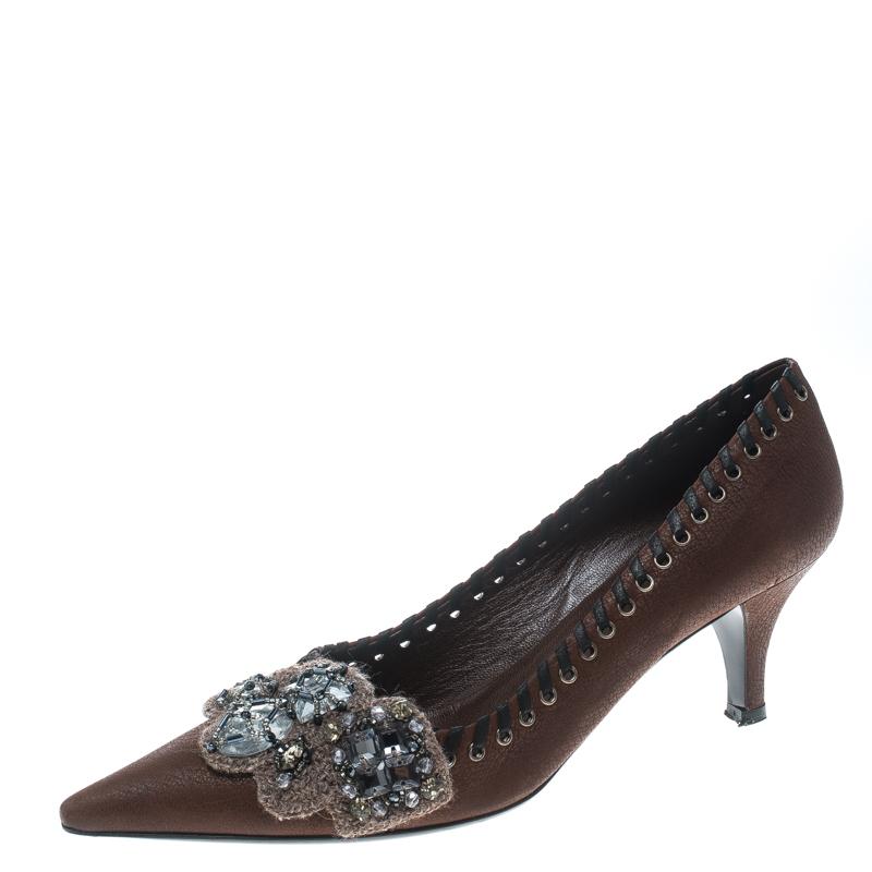 Prada Brown Leather Whipstitch Detail Crystal Embellished Pointed Toe Pumps Size