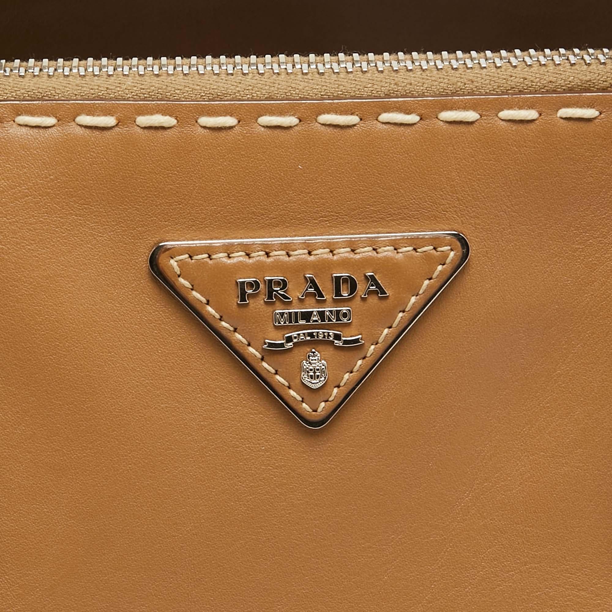 Prada Brown Leather Wild Stitch Double Zip Tote For Sale 2