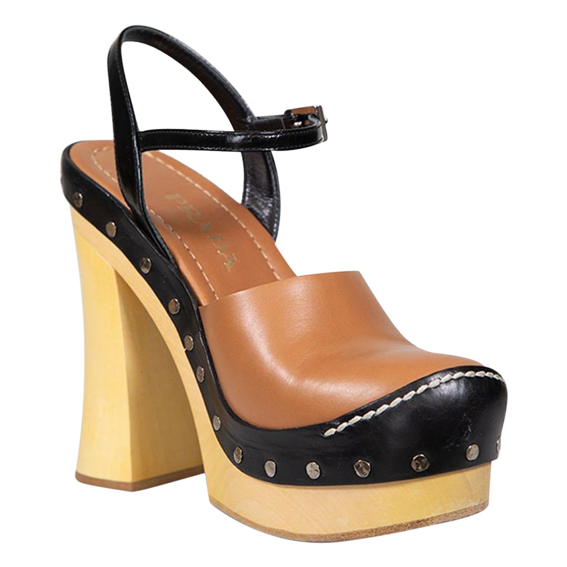 Prada Brown Leather Wooden Platform Heels Size IT 36.5