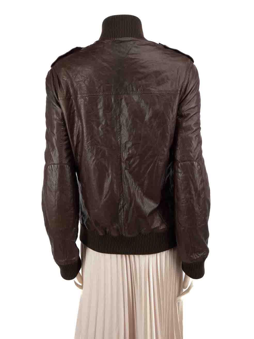 Prada Brown Leather Wool Trimmed Bomber Jacket Size XL In Good Condition For Sale In London, GB