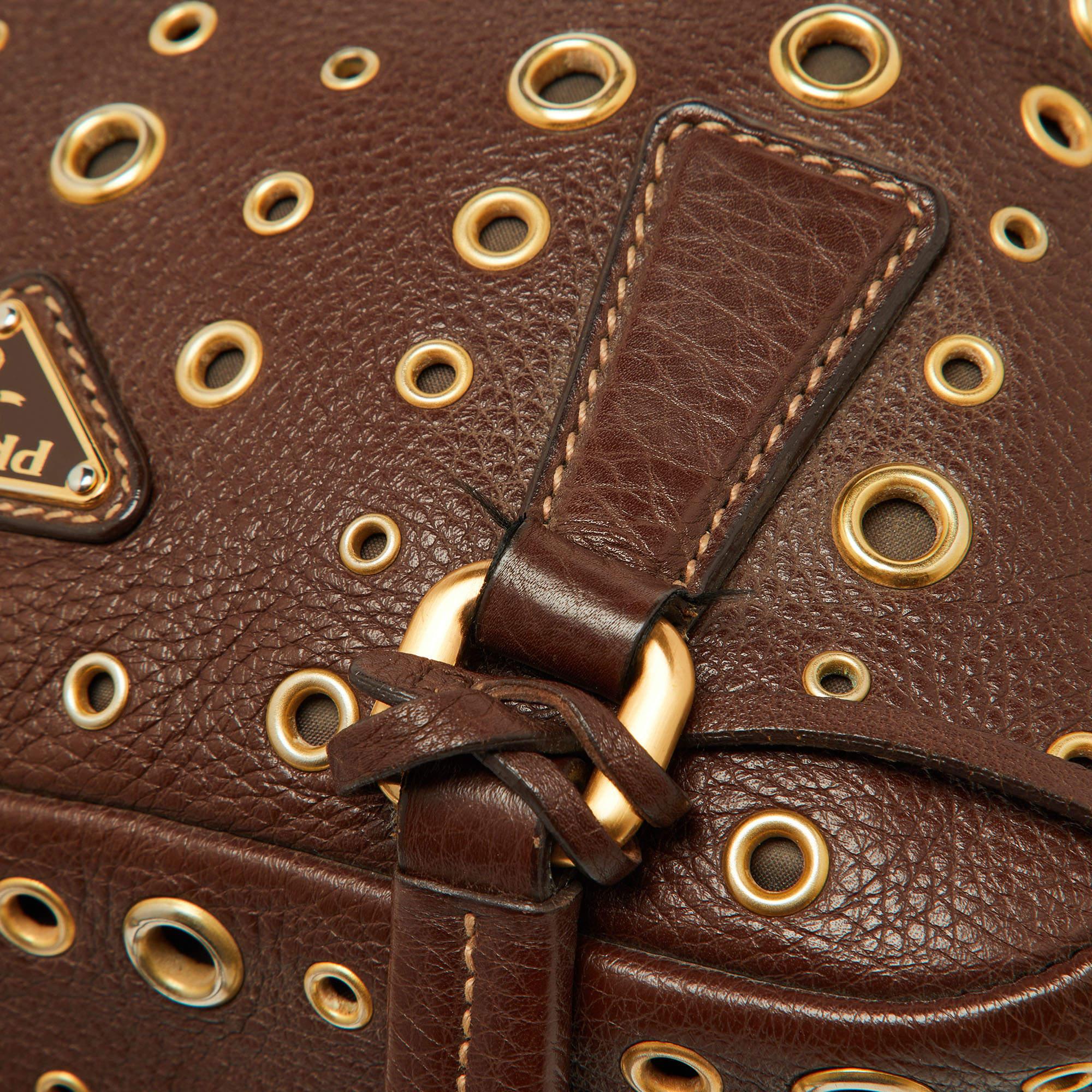 Prada Brown Leather Zip Grommet Bag 6