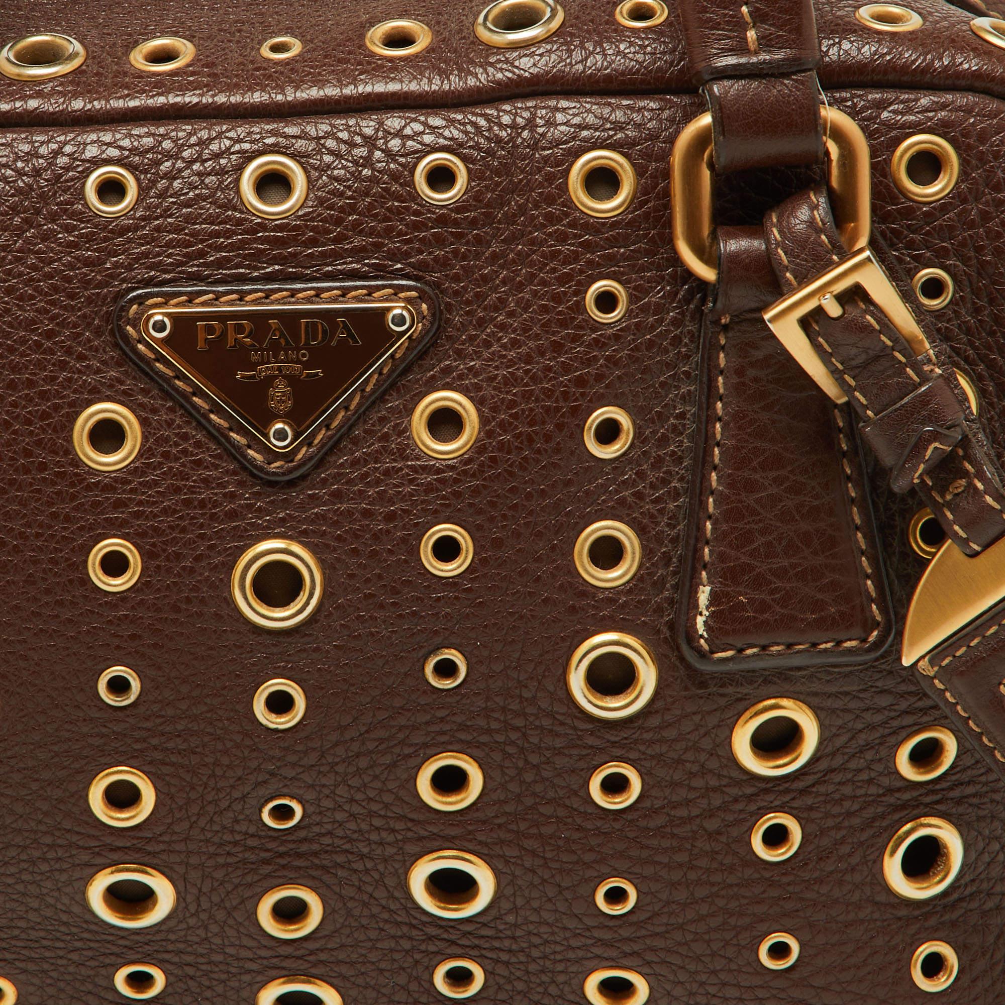 Prada Brown Leather Zip Grommet Bag 7