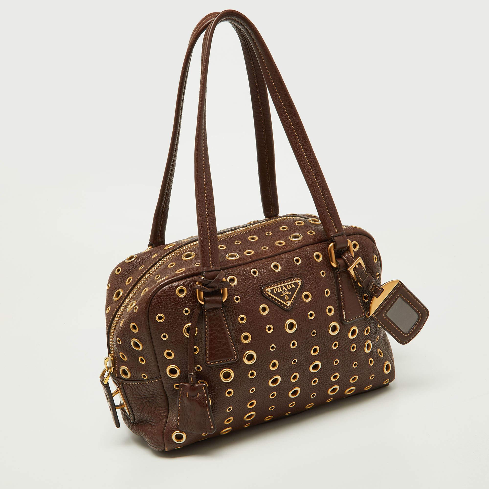 Women's Prada Brown Leather Zip Grommet Bag