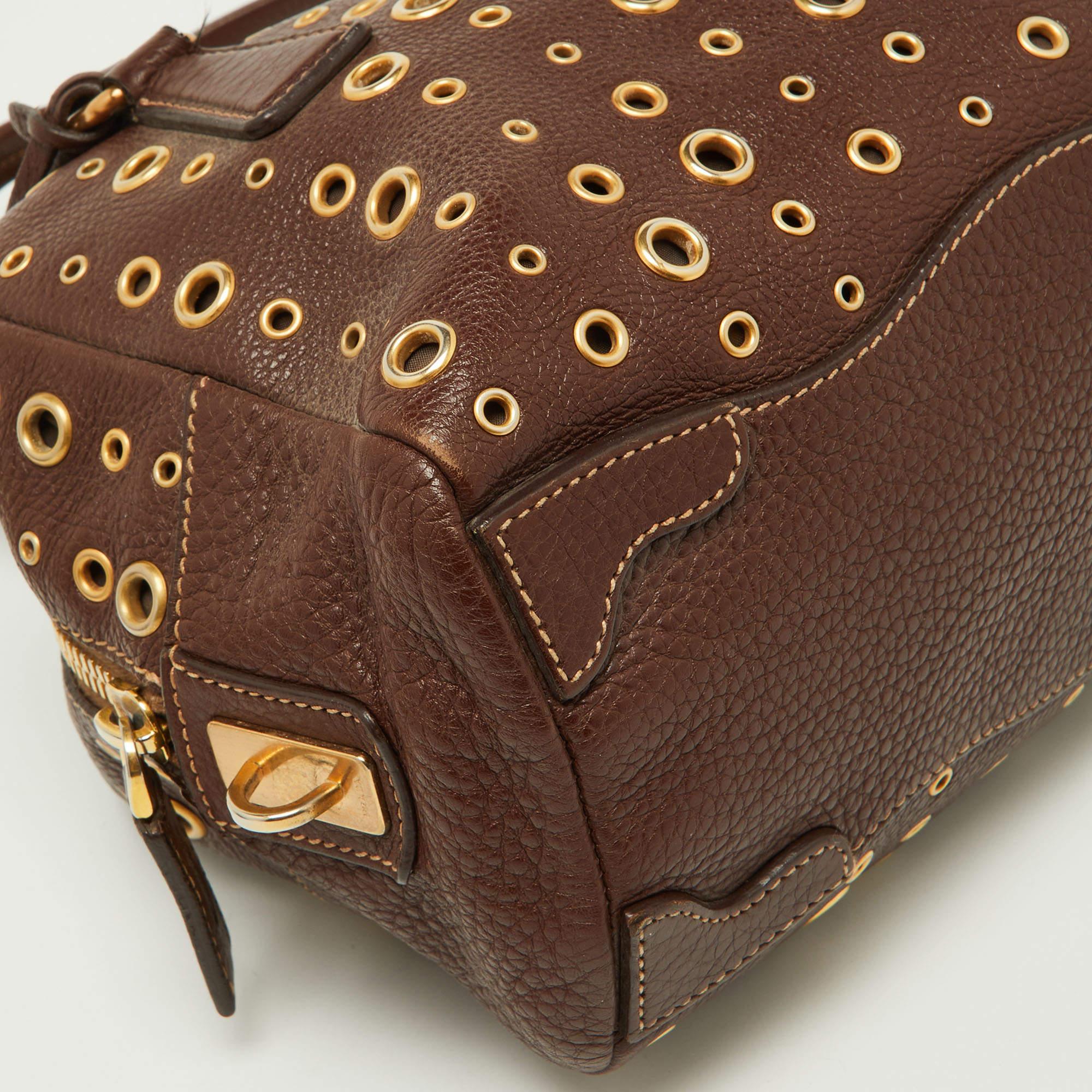 Prada Brown Leather Zip Grommet Bag 3