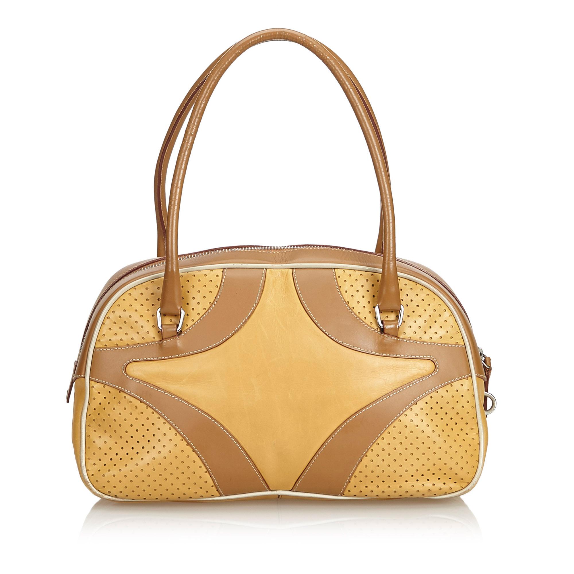 Prada Brown Light Brown Leather Perforated Handbag Italy w/ Dust Bag In Good Condition For Sale In Orlando, FL