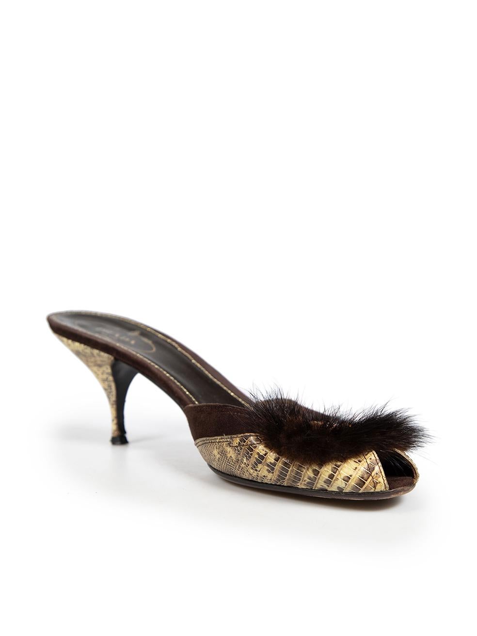 CONDITION is Very good. Minimal wear to Mules is evident. Small abrasions to the heel tips on both shoes on this used Prada designer resale item
 Details
 Brown
 Lizard leather
 Mules
 Open toe
 Front crystal embellishment
 Kitten heels
 
 
 Made in