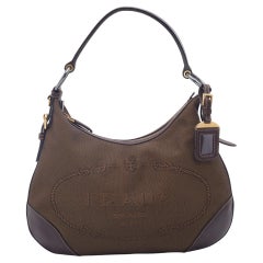 Prada Brown Logo Jacquard And Leather Hobo