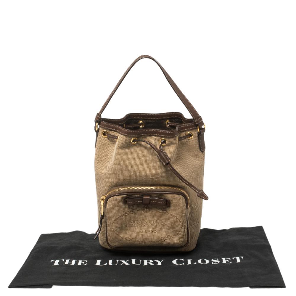 Prada Brown Logo Jacquard Canvas and Leather Trim Bucket Bag 5