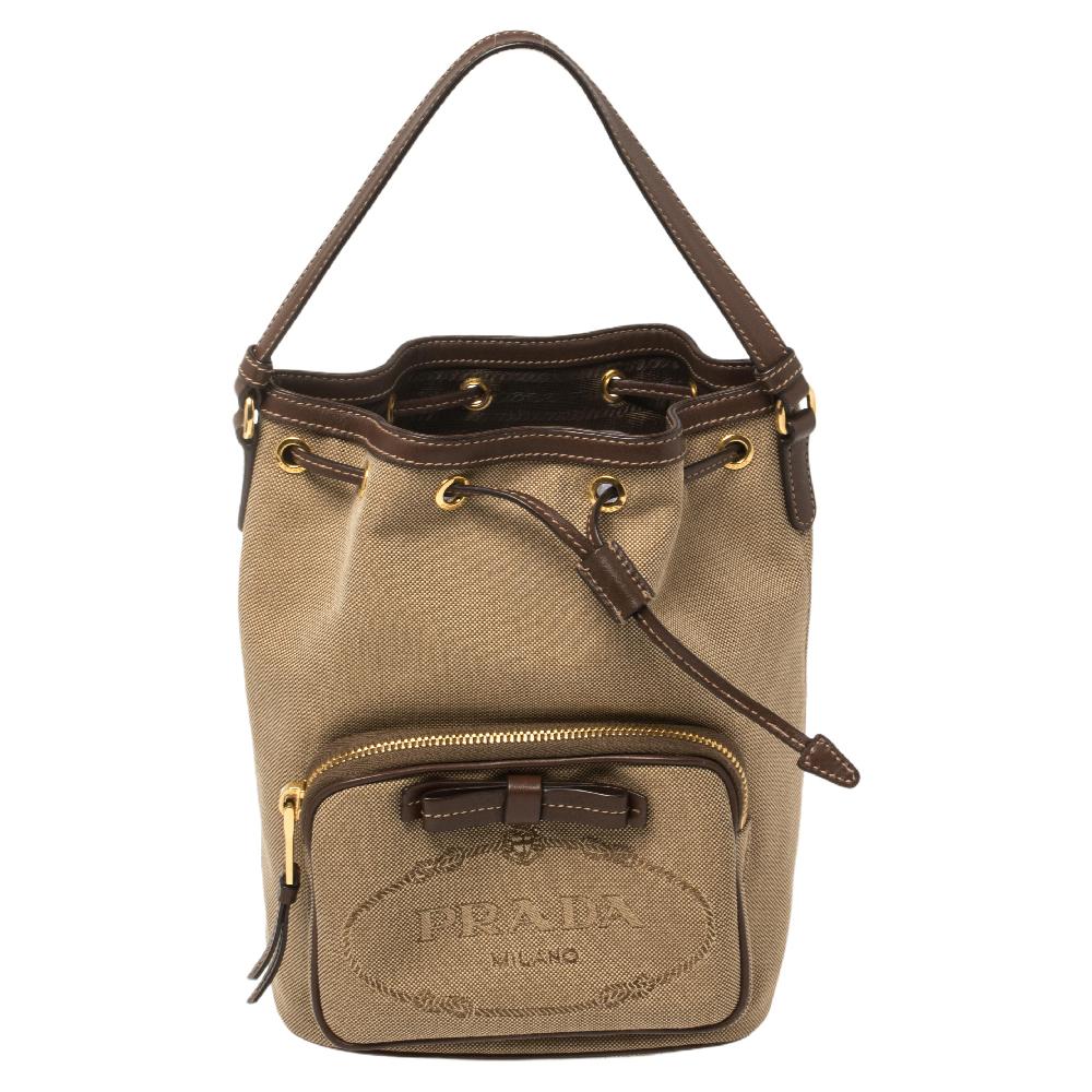 Bow Prada Brown Canapa Logo Canvas Bucket Bag White Beige Leather Cloth  Pony-style calfskin Cloth ref.402685 - Joli Closet