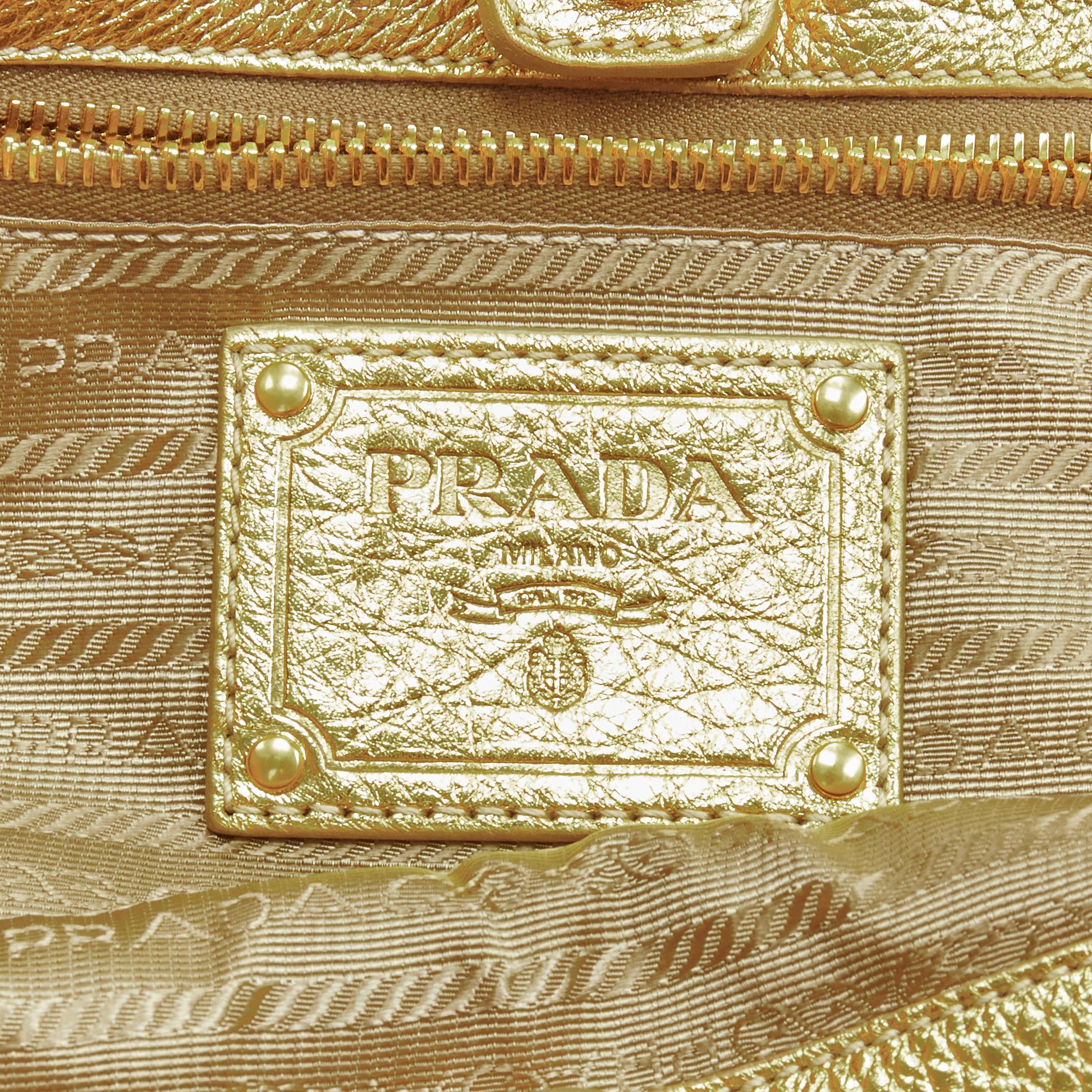 PRADA brown logo jacquard canvas metallic gold handle tote bag For Sale 4