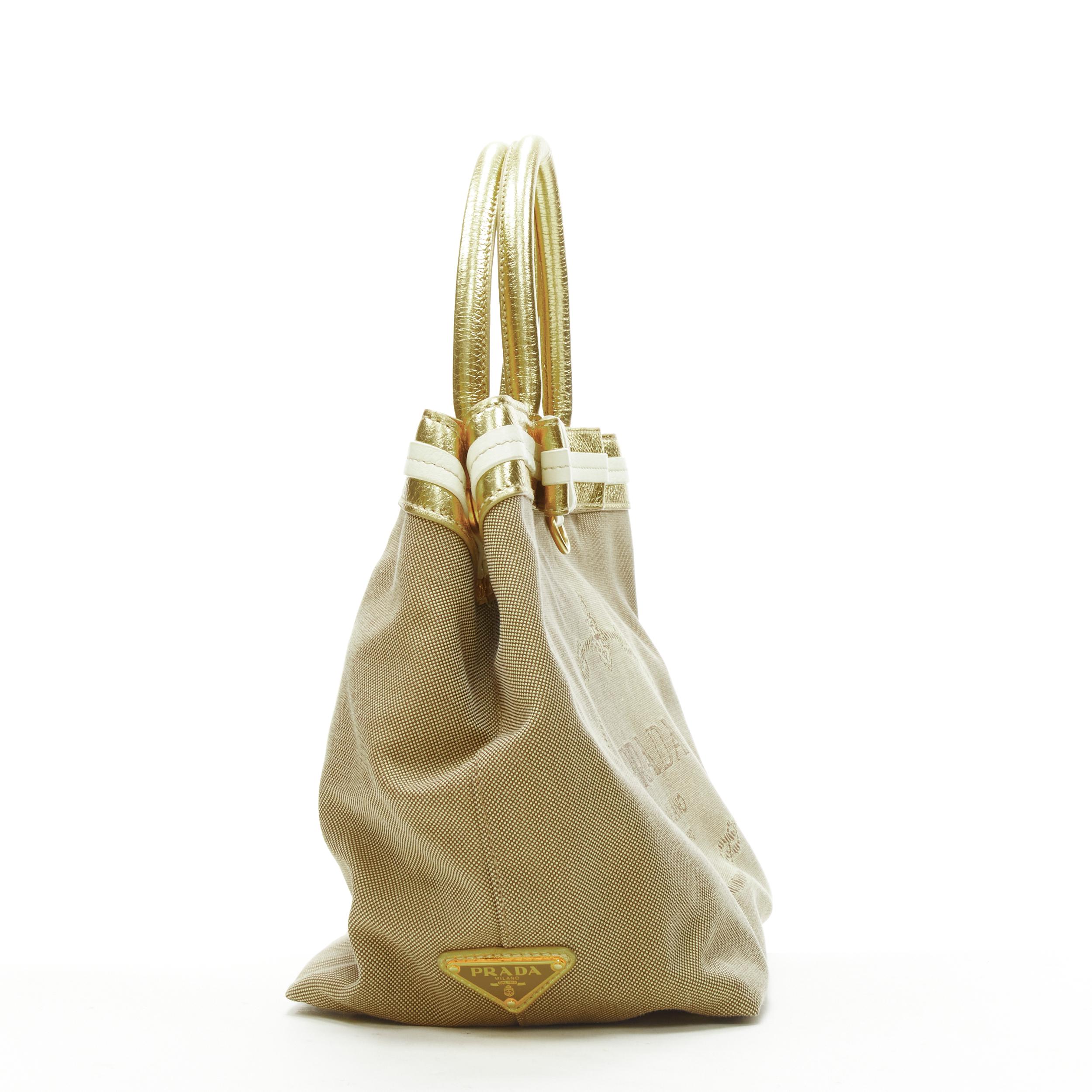 Brown PRADA brown logo jacquard canvas metallic gold handle tote bag For Sale