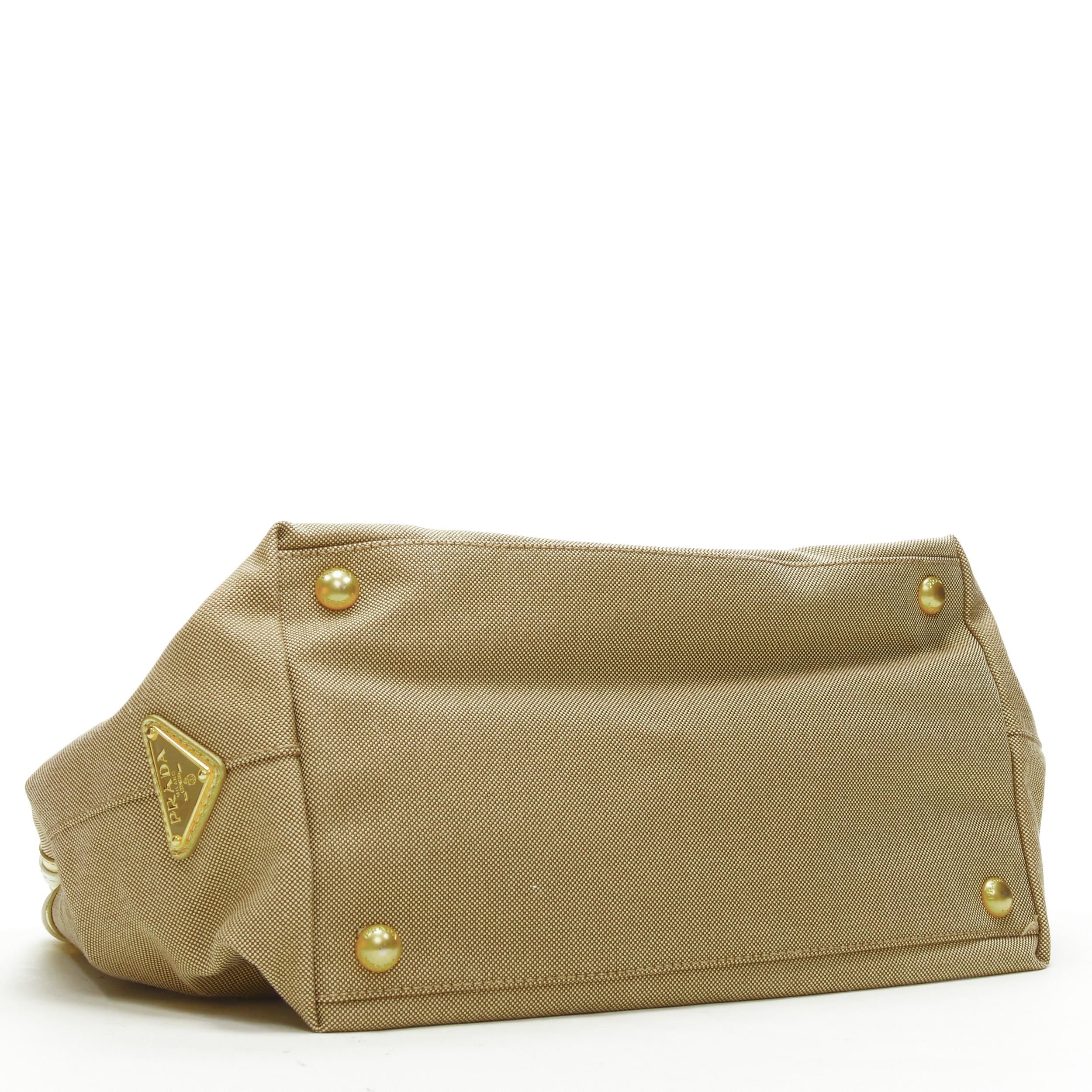 Women's PRADA brown logo jacquard canvas metallic gold handle tote bag For Sale
