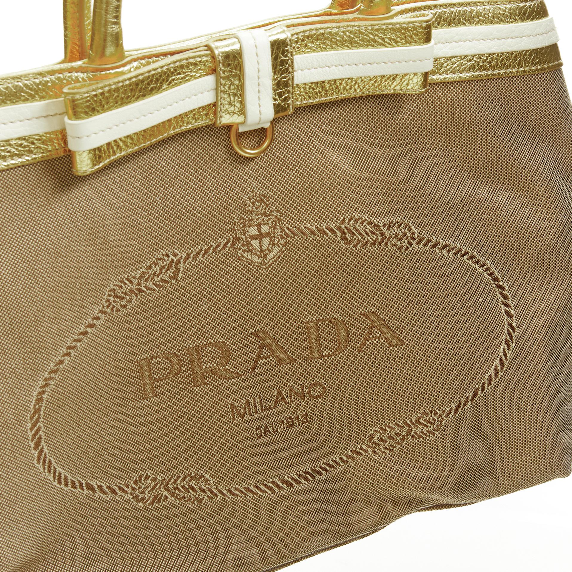 PRADA brown logo jacquard canvas metallic gold handle tote bag For Sale 1