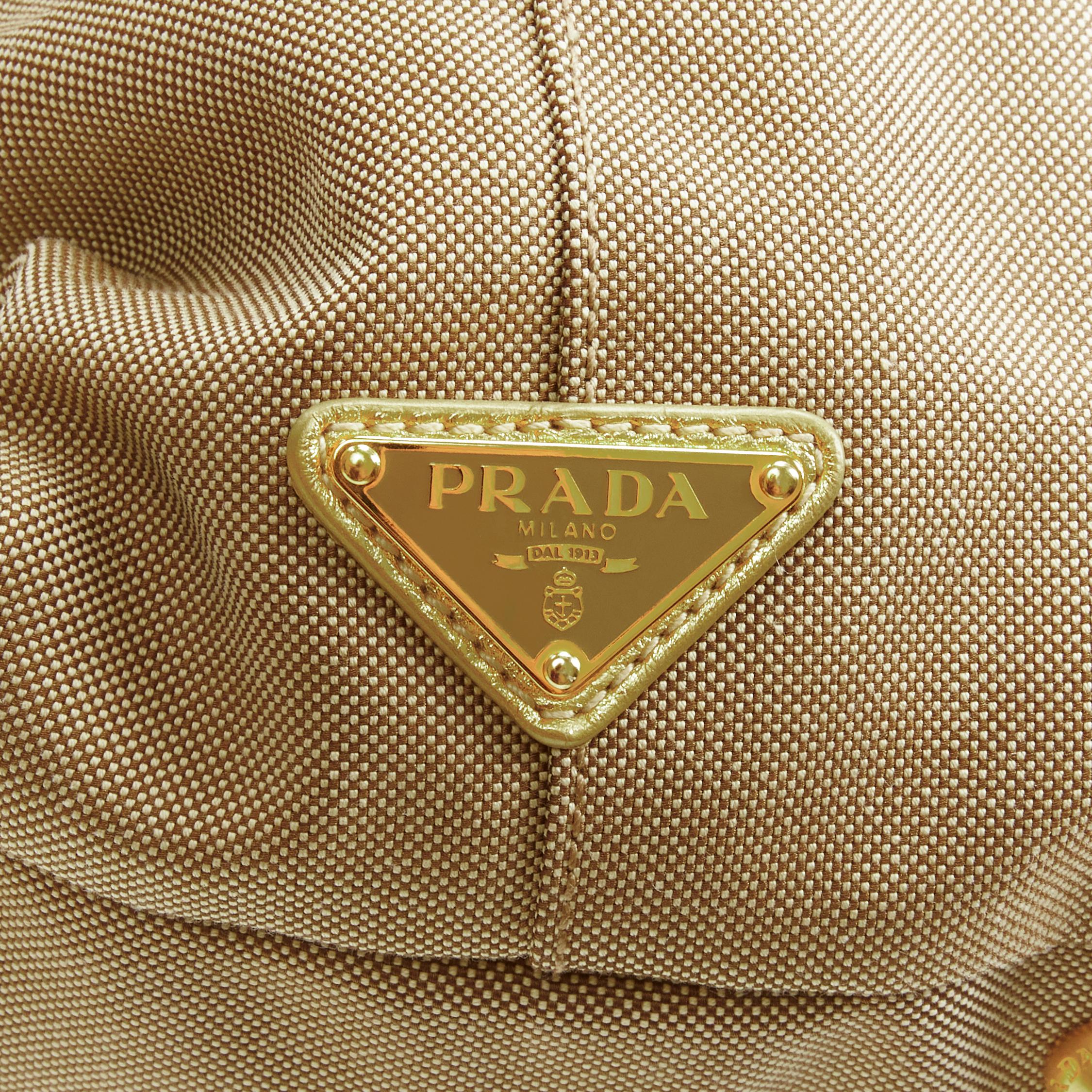 PRADA brown logo jacquard canvas metallic gold handle tote bag For Sale 2