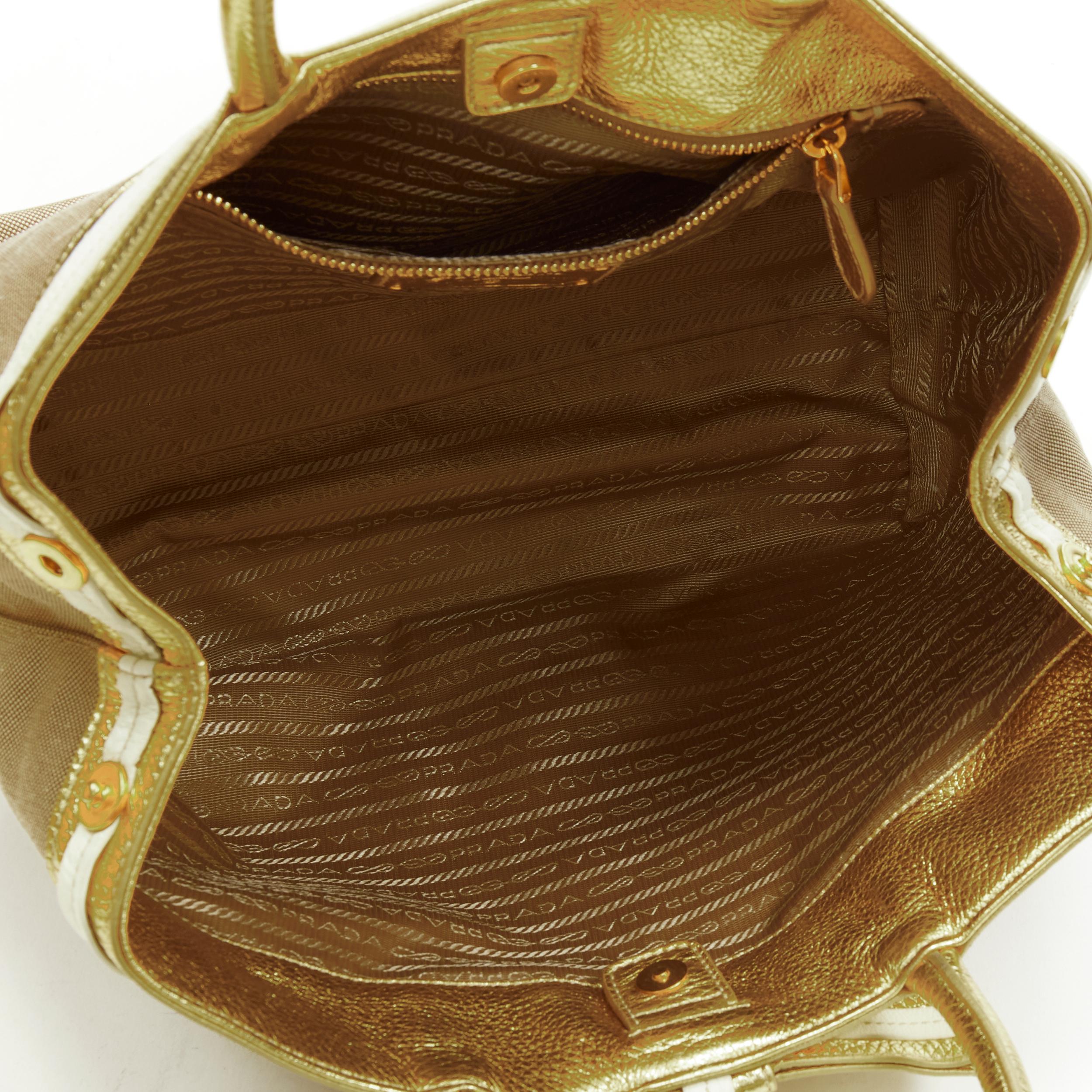 PRADA brown logo jacquard canvas metallic gold handle tote bag For Sale 3