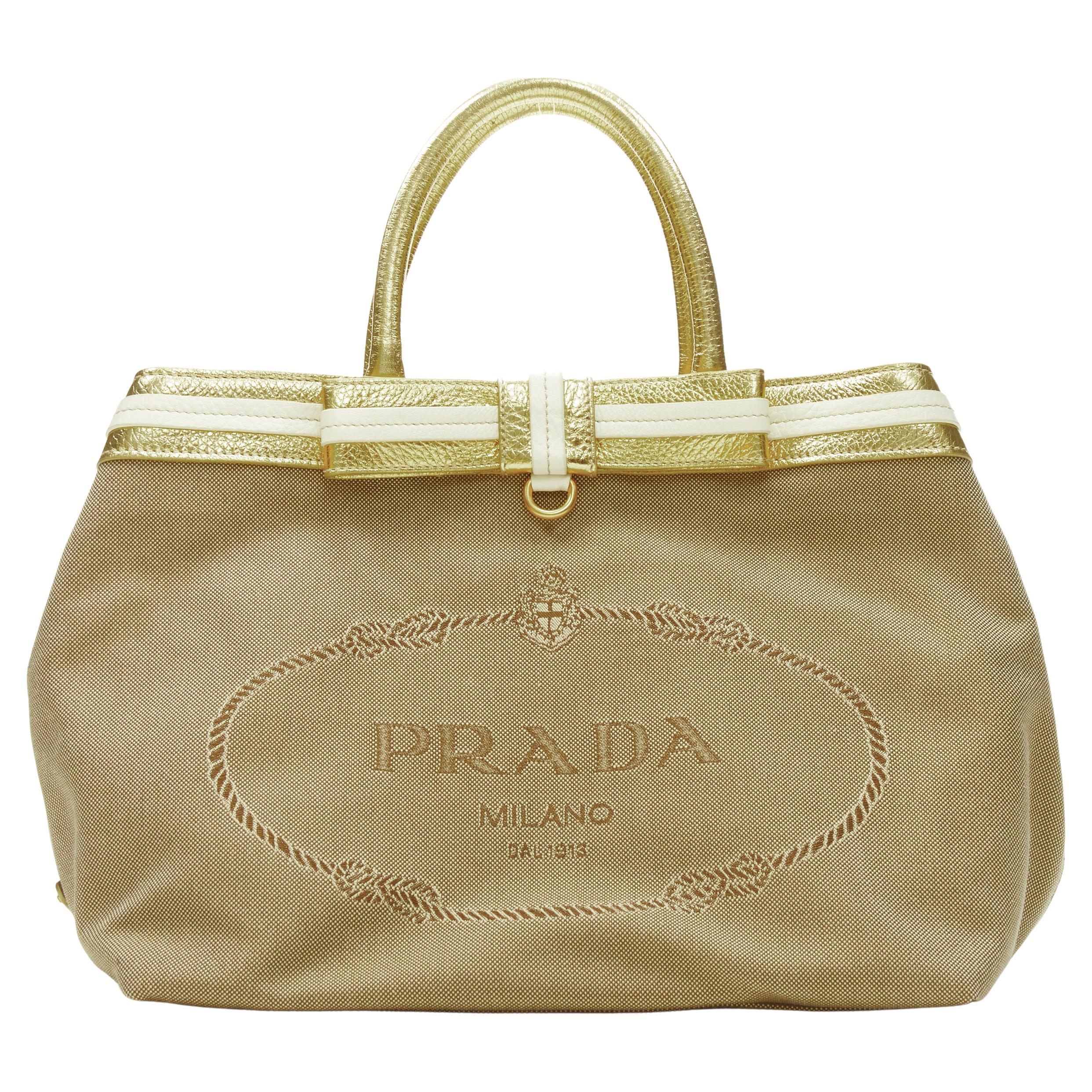 PRADA brown logo jacquard canvas metallic gold handle tote bag For Sale