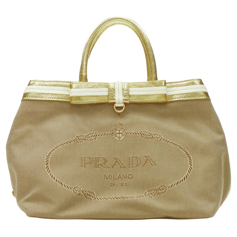 PRADA brown logo jacquard canvas metallic gold handle tote bag For Sale ...