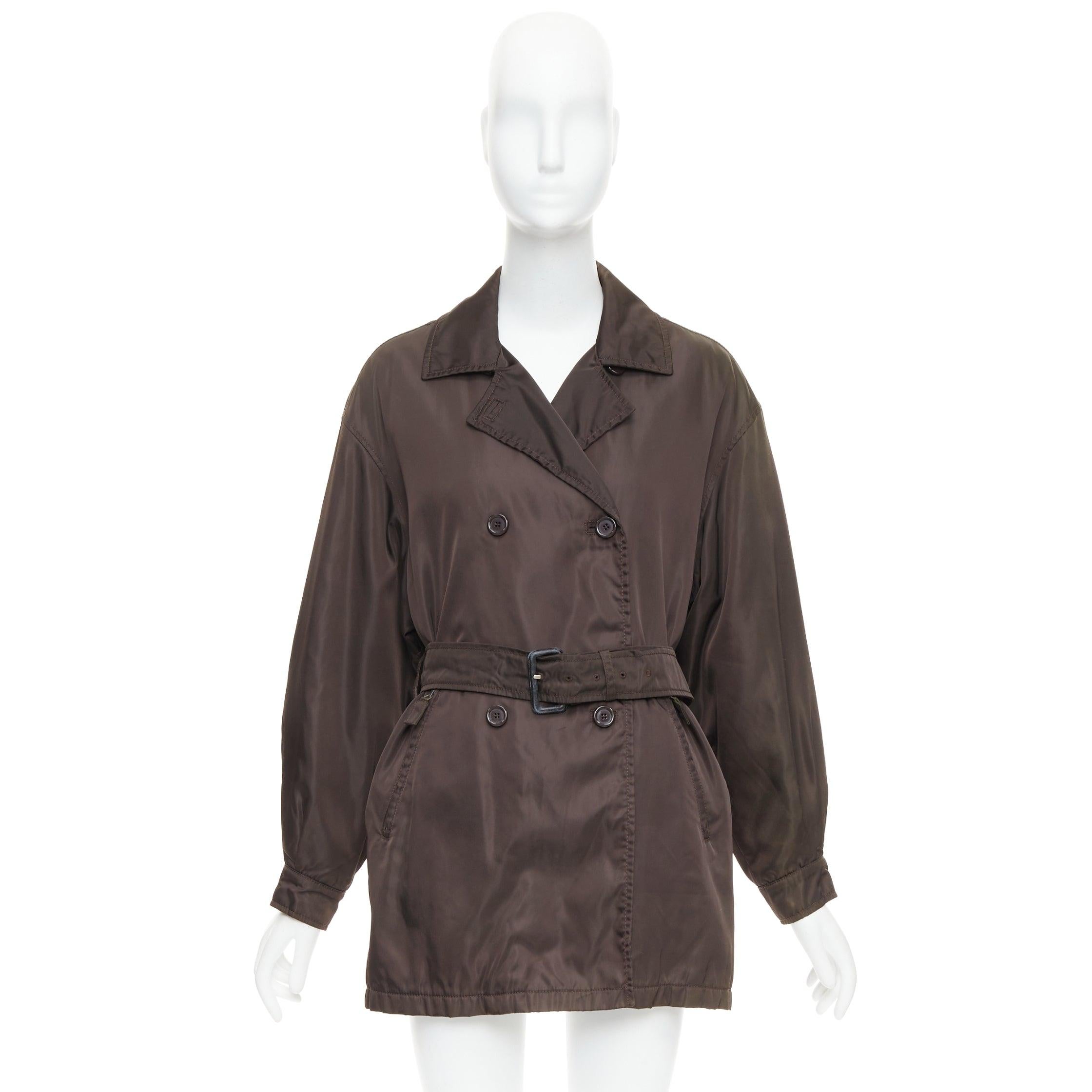 PRADA brown low sheen nylon double breasted short trench coat For Sale 5