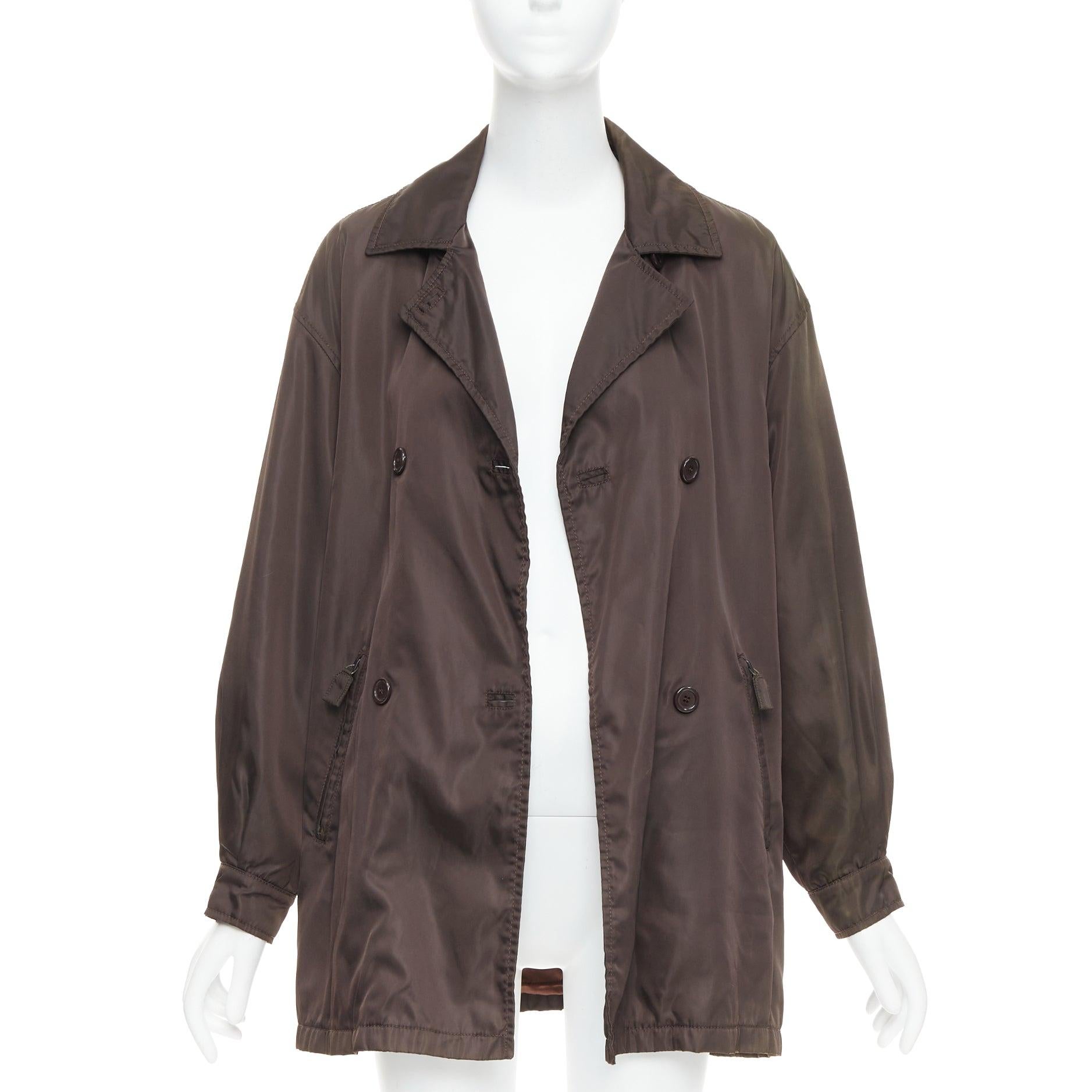 Black PRADA brown low sheen nylon double breasted short trench coat For Sale