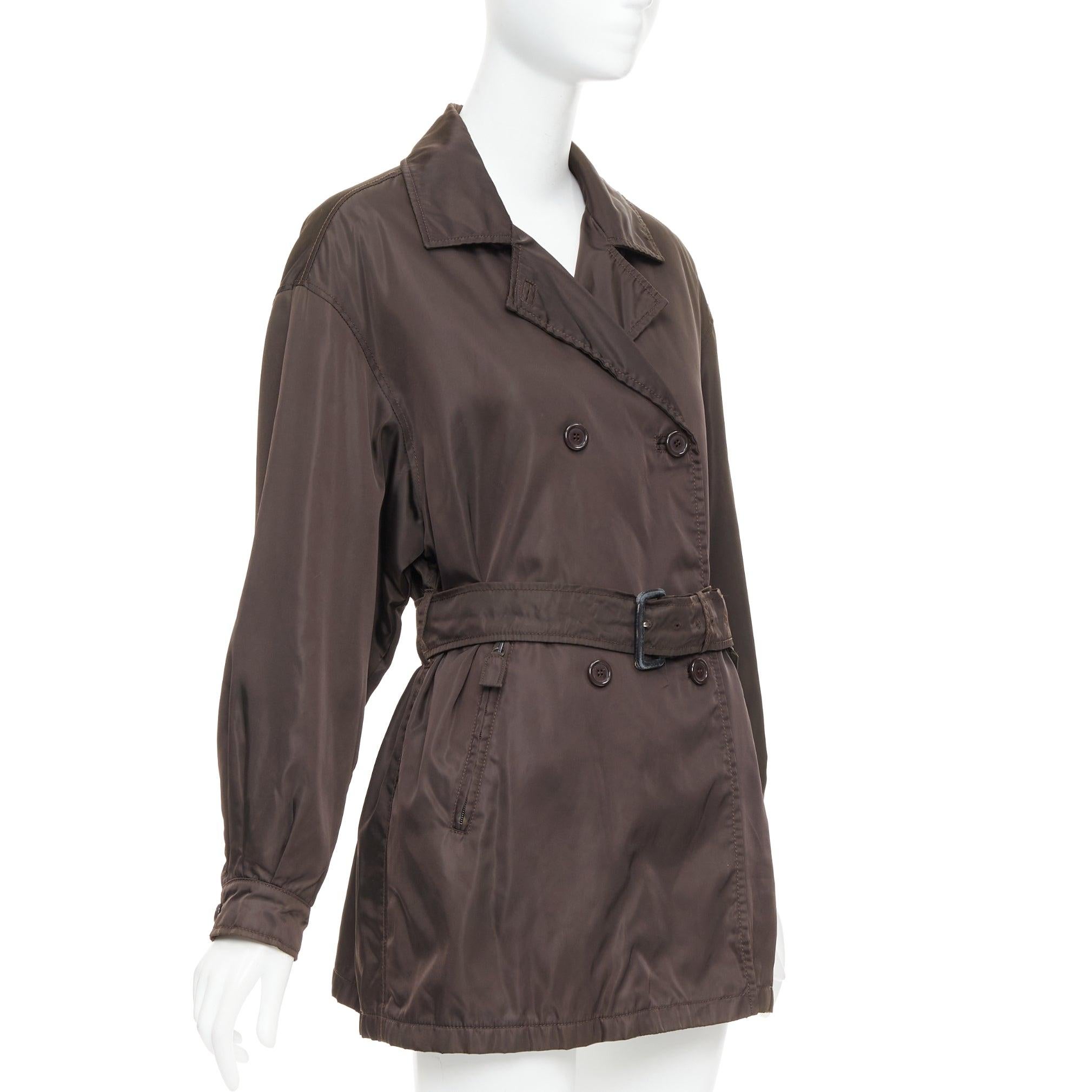 PRADA brown low sheen nylon double breasted short trench coat In Fair Condition For Sale In Hong Kong, NT