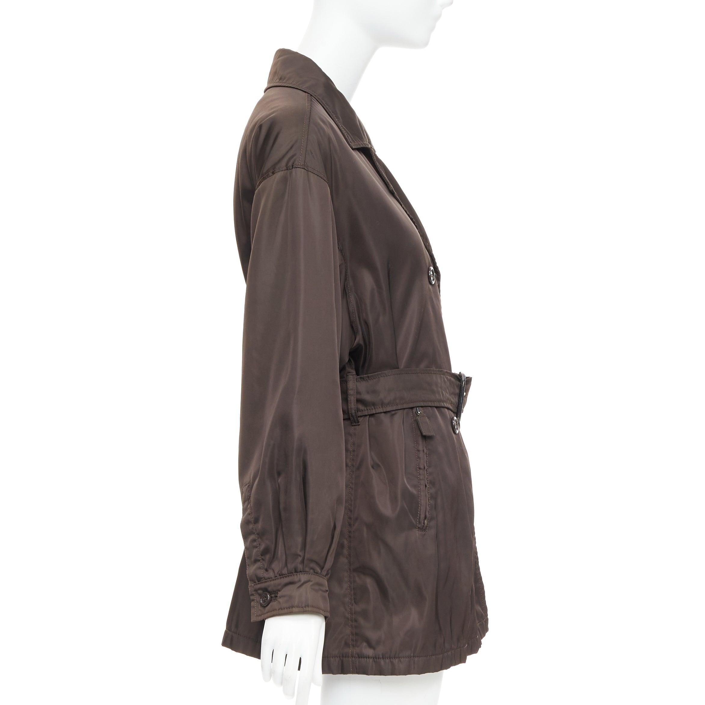 Women's PRADA brown low sheen nylon double breasted short trench coat For Sale