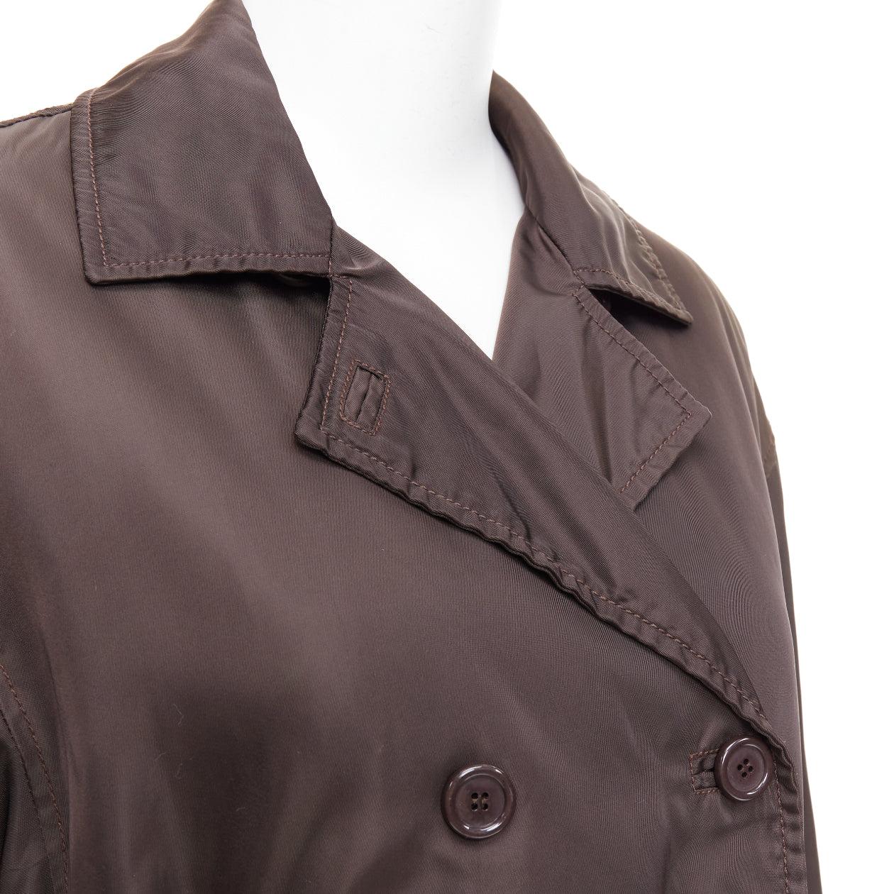 PRADA brown low sheen nylon double breasted short trench coat For Sale 3