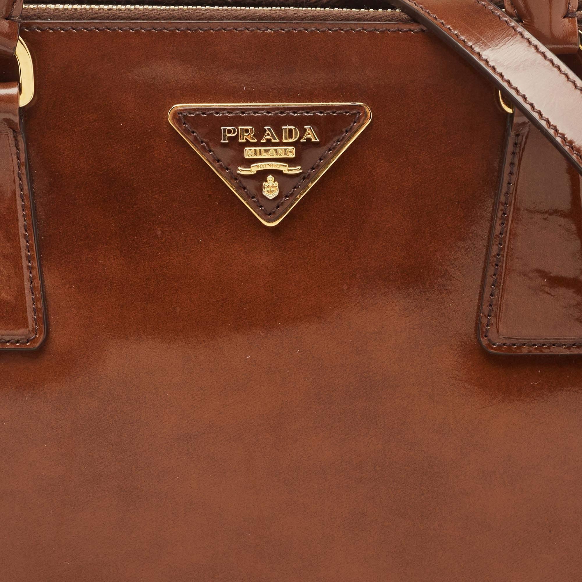 Prada Brown Marble Effect Patent Leather Medium Double Zip Tote 4