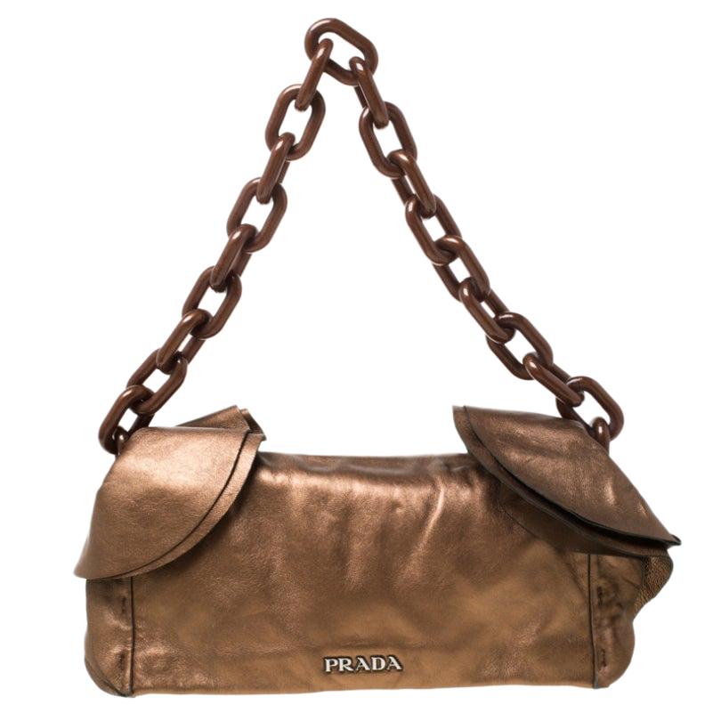Prada Brown Metallic Leather Ruffle Shoulder Bag