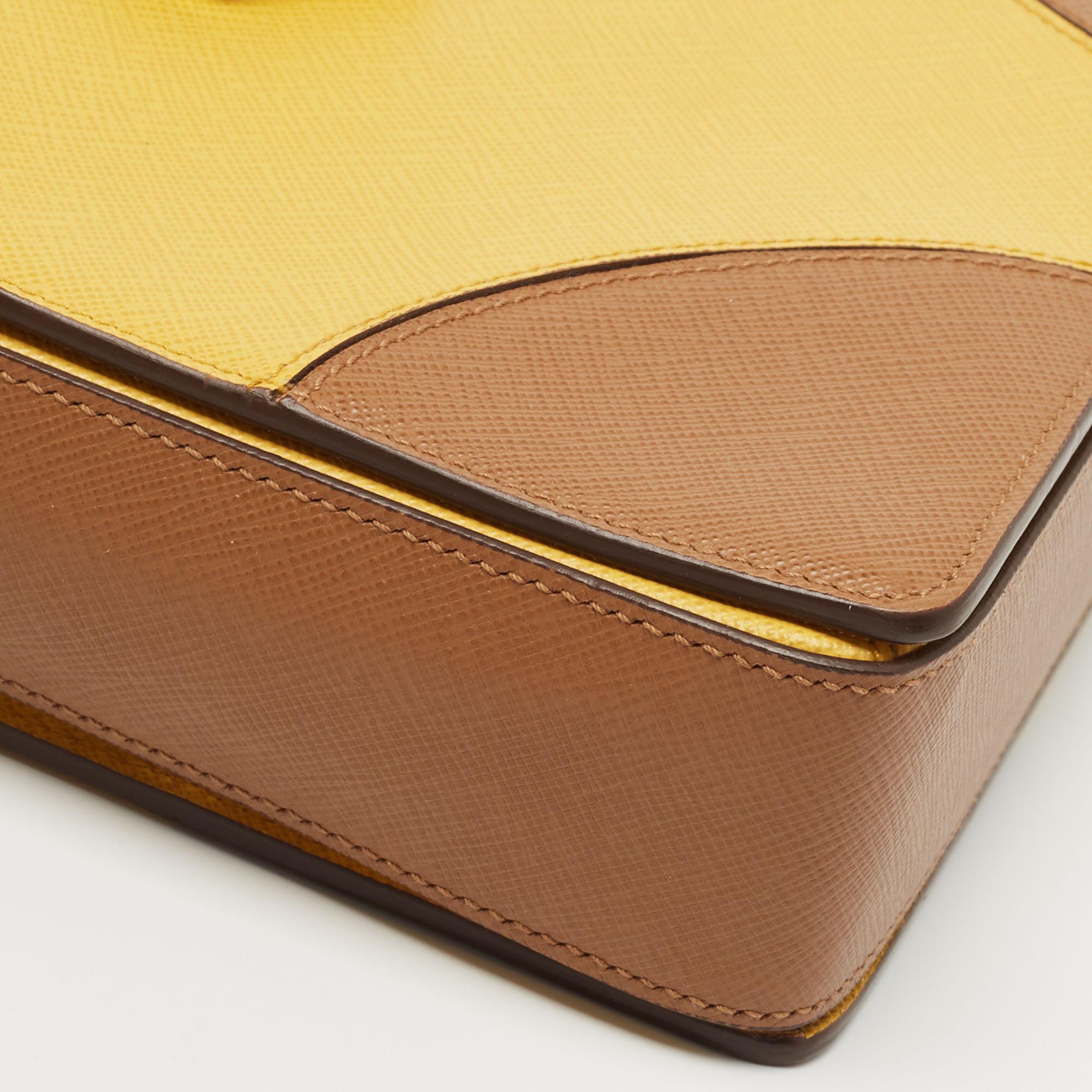 Prada Brown/Mustard Saffiano Lux Leather Turnlock Flap Top Handle Bag 7
