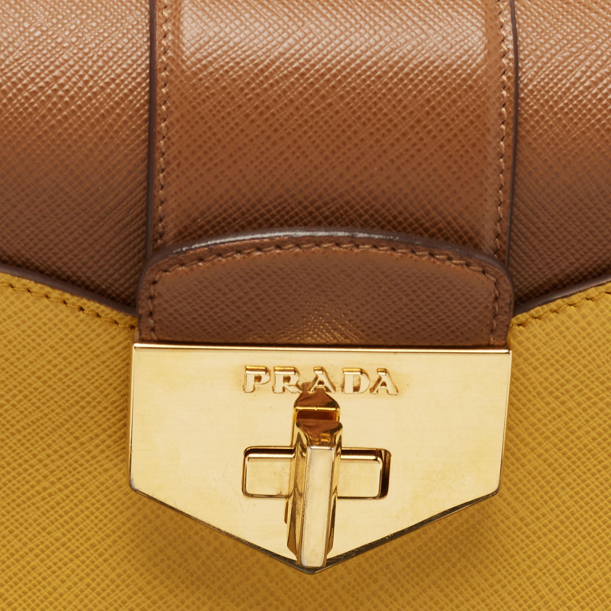 Prada Brown/Mustard Saffiano Lux Leather Turnlock Flap Top Handle Bag 8