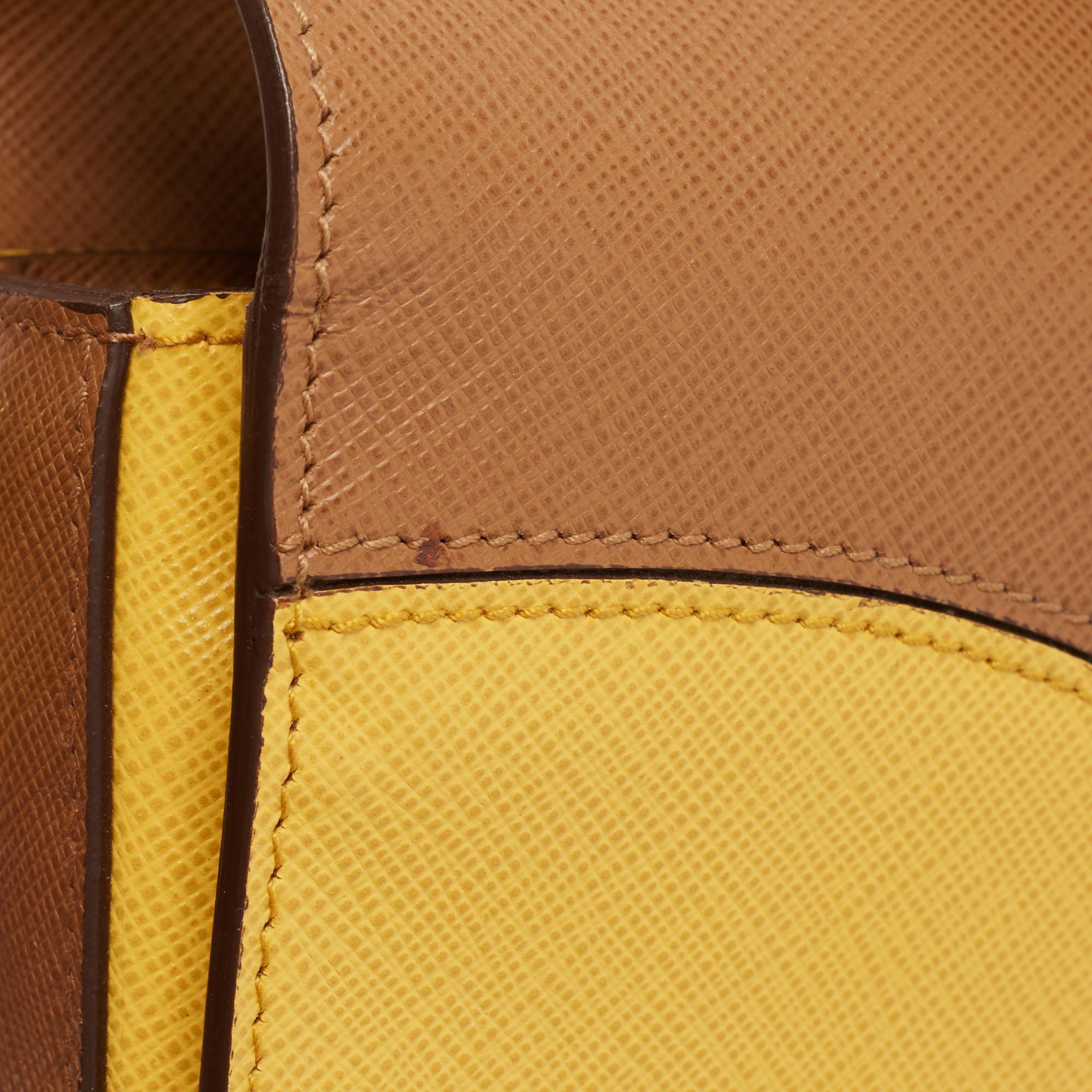 Prada Brown/Mustard Saffiano Lux Leather Turnlock Flap Top Handle Bag 9