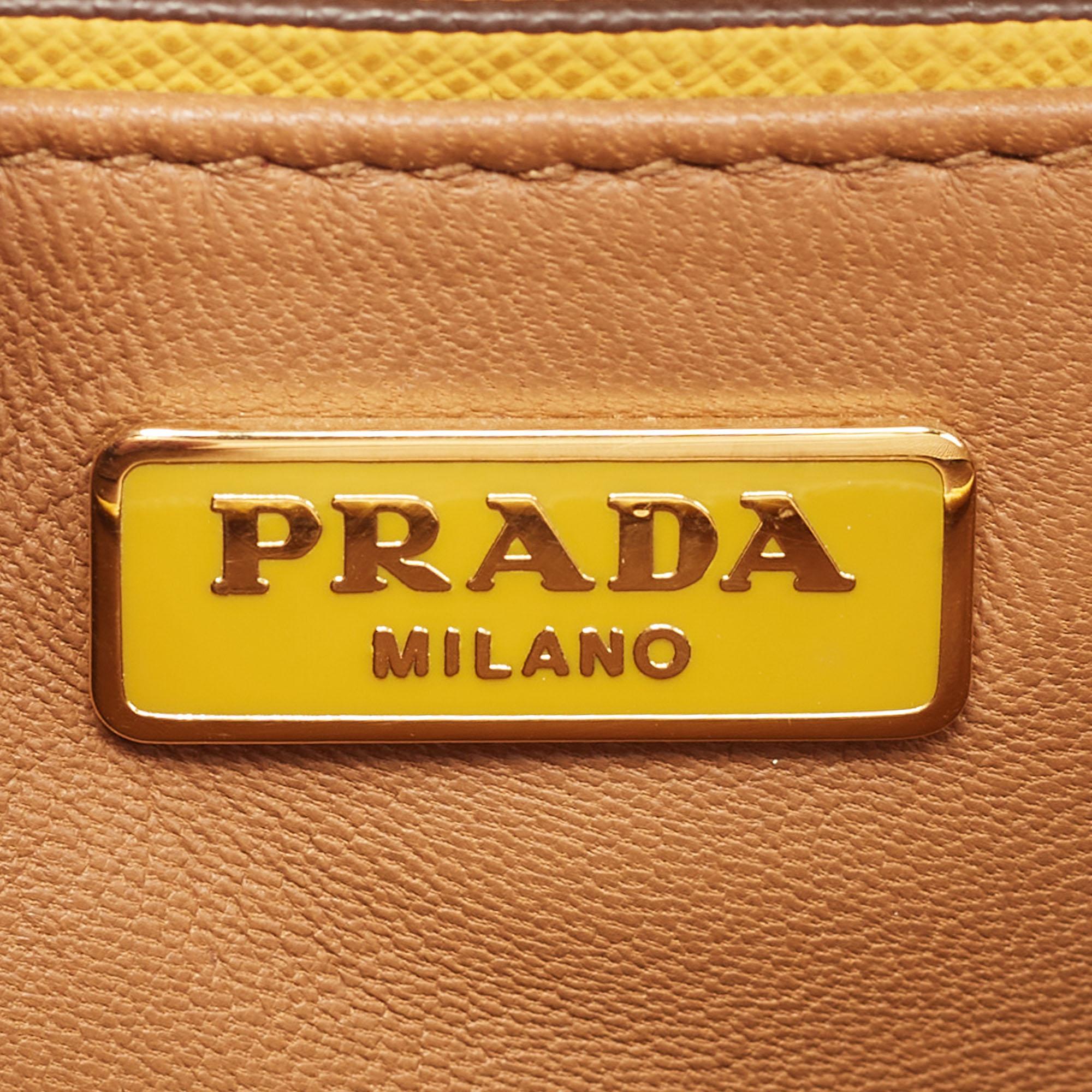 Prada Brown/Mustard Saffiano Lux Leather Turnlock Flap Top Handle Bag 10
