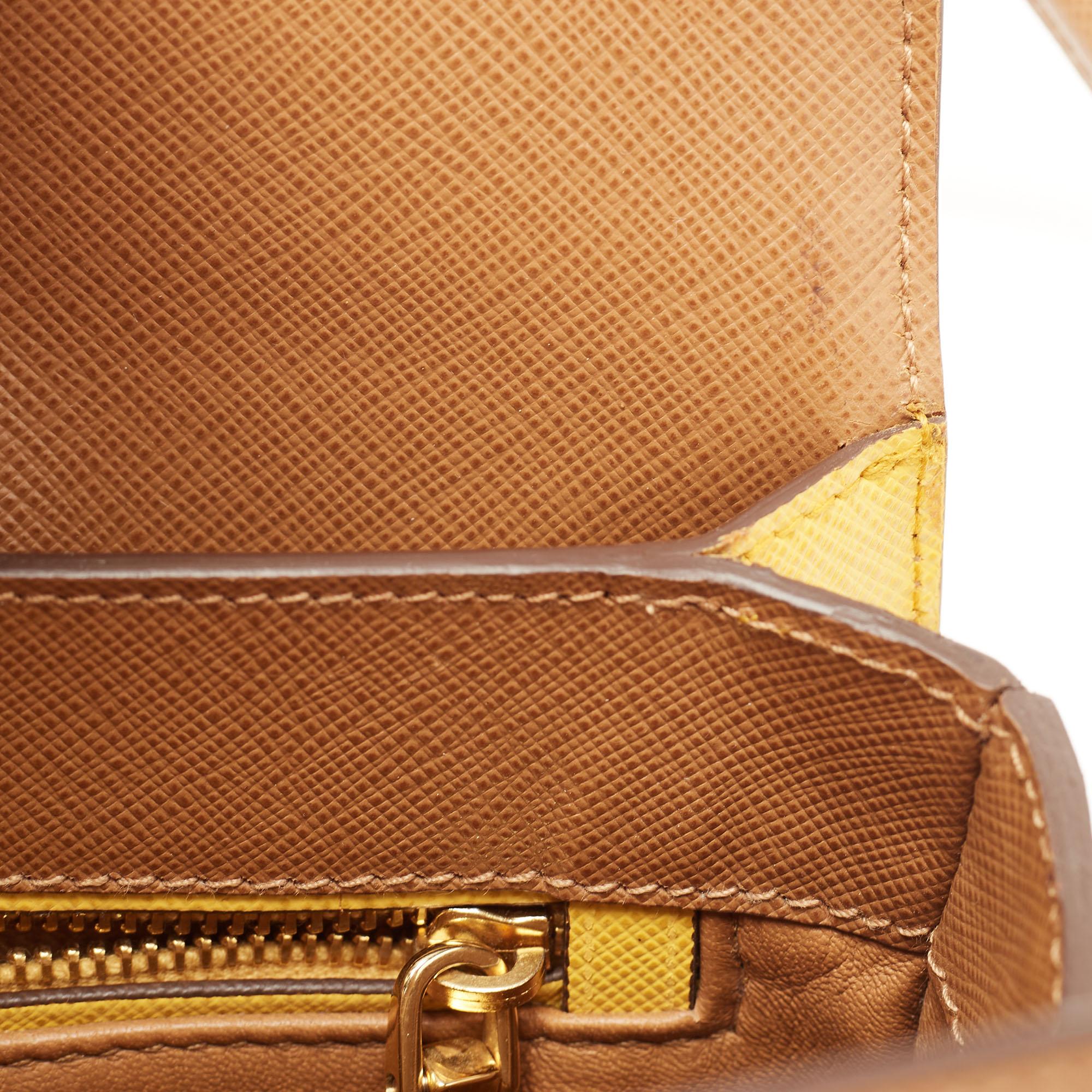 Prada Brown/Mustard Saffiano Lux Leather Turnlock Flap Top Handle Bag 11